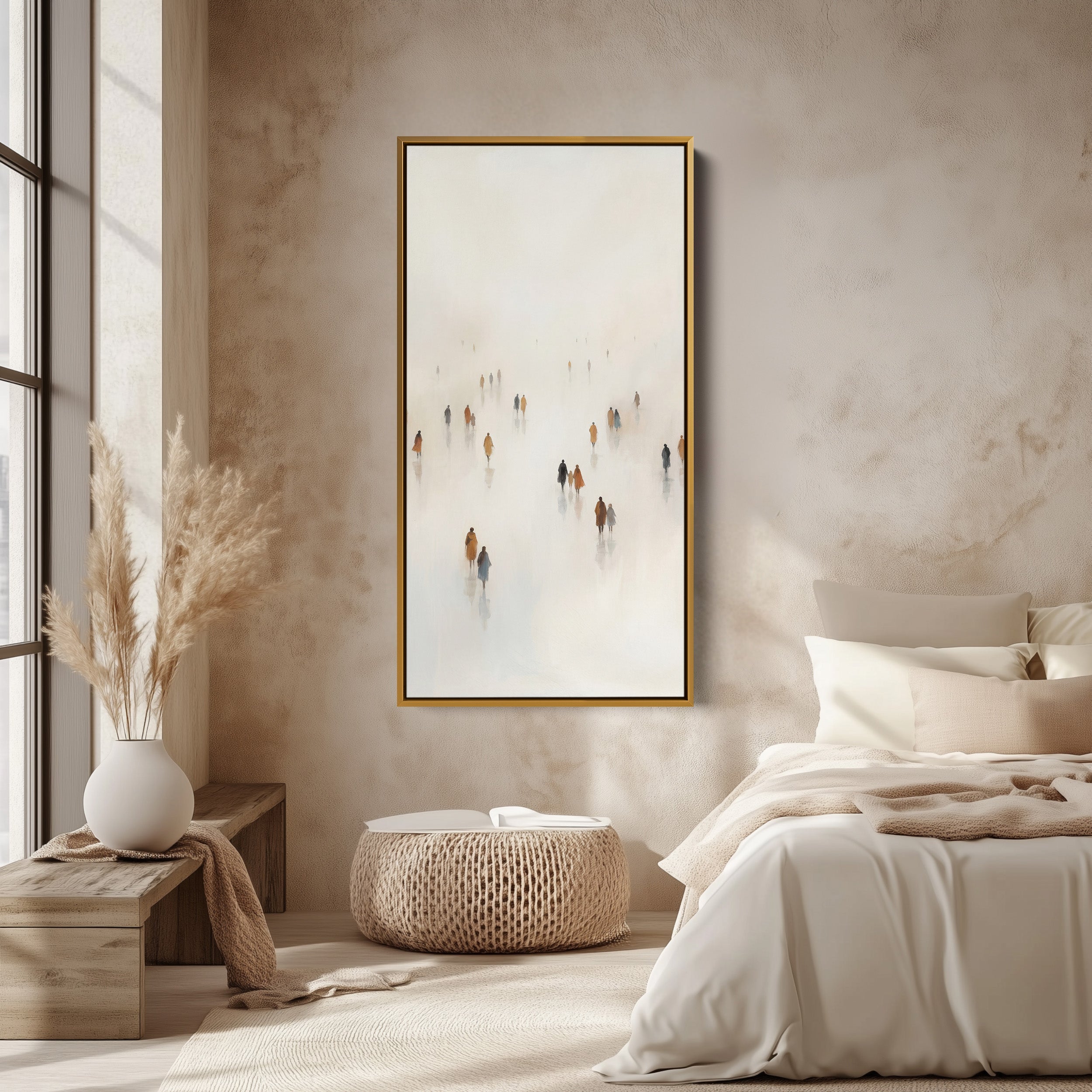 Tall Narrow Canvas For Office Figures Walking In Fog Vertical Canvas