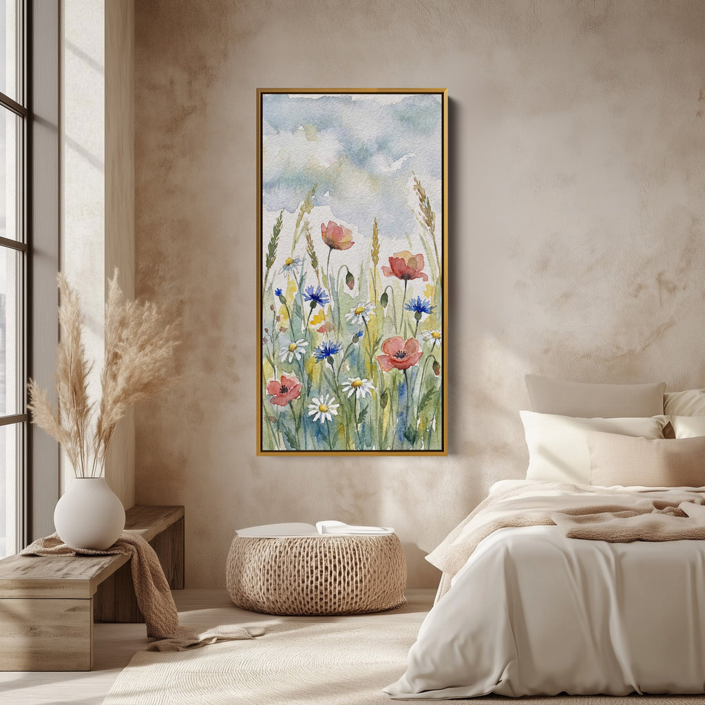 Tall Canvas Large Vertical Wall Art Watercolour Wildflowers And Poppies For Hallway