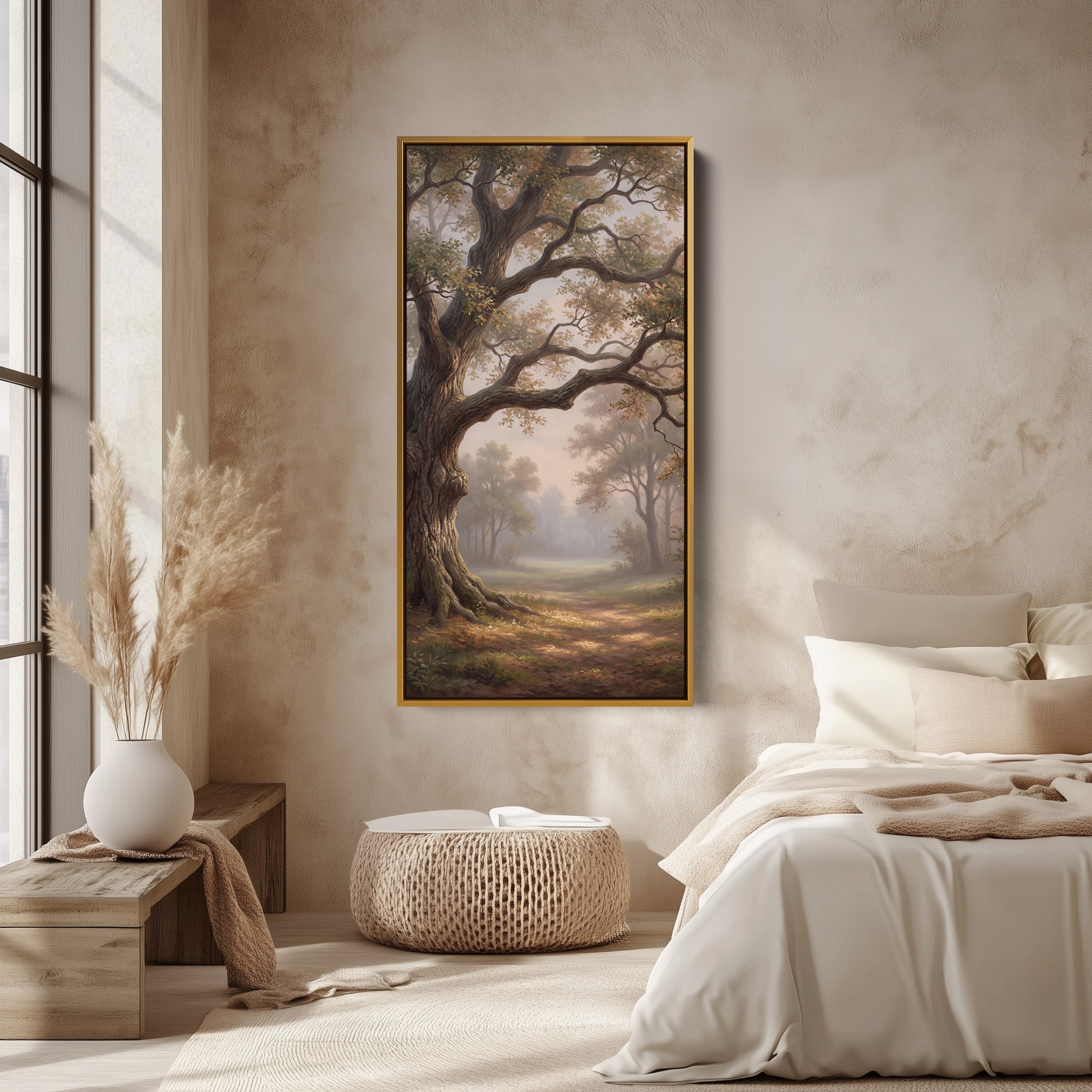 Large Oak By Woodland Path Long Wall Art Framed Canvas Print For Bedroom