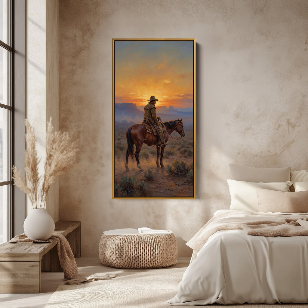 Tall Narrow Canvas Rider On Horse Desert Sunset Portrait Wall Art For Kitchen