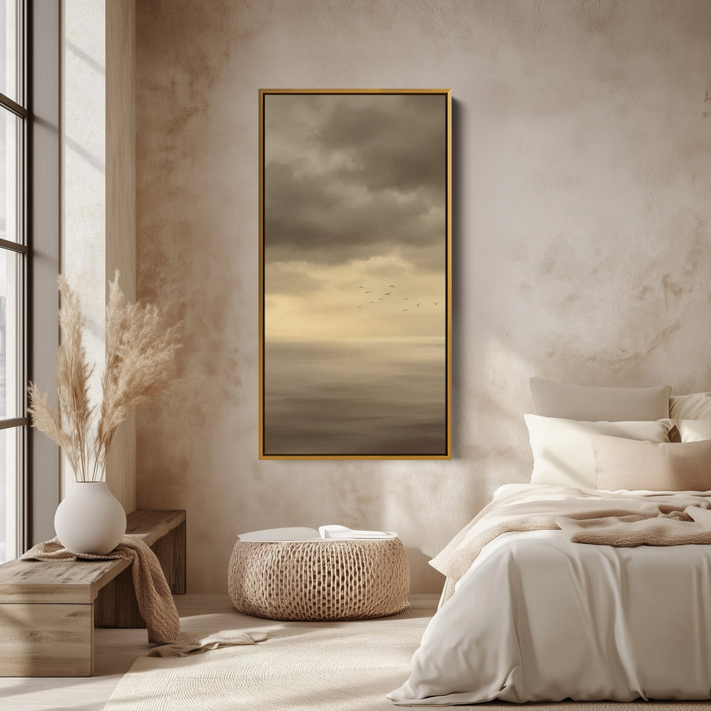 Tall Framed Canvas Foggy Seascape With Birds Tall Canvas For Living Room