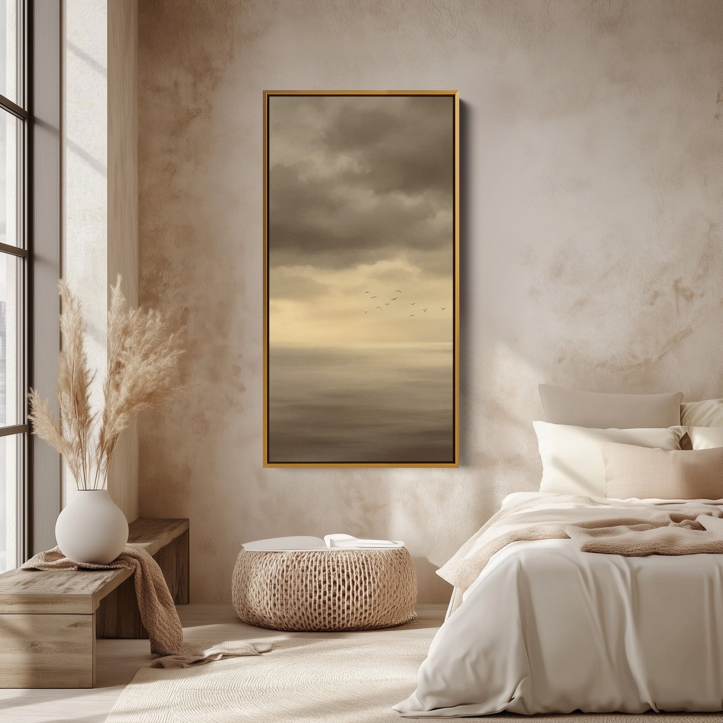 Tall Framed Canvas Foggy Seascape With Birds Tall Canvas For Living Room