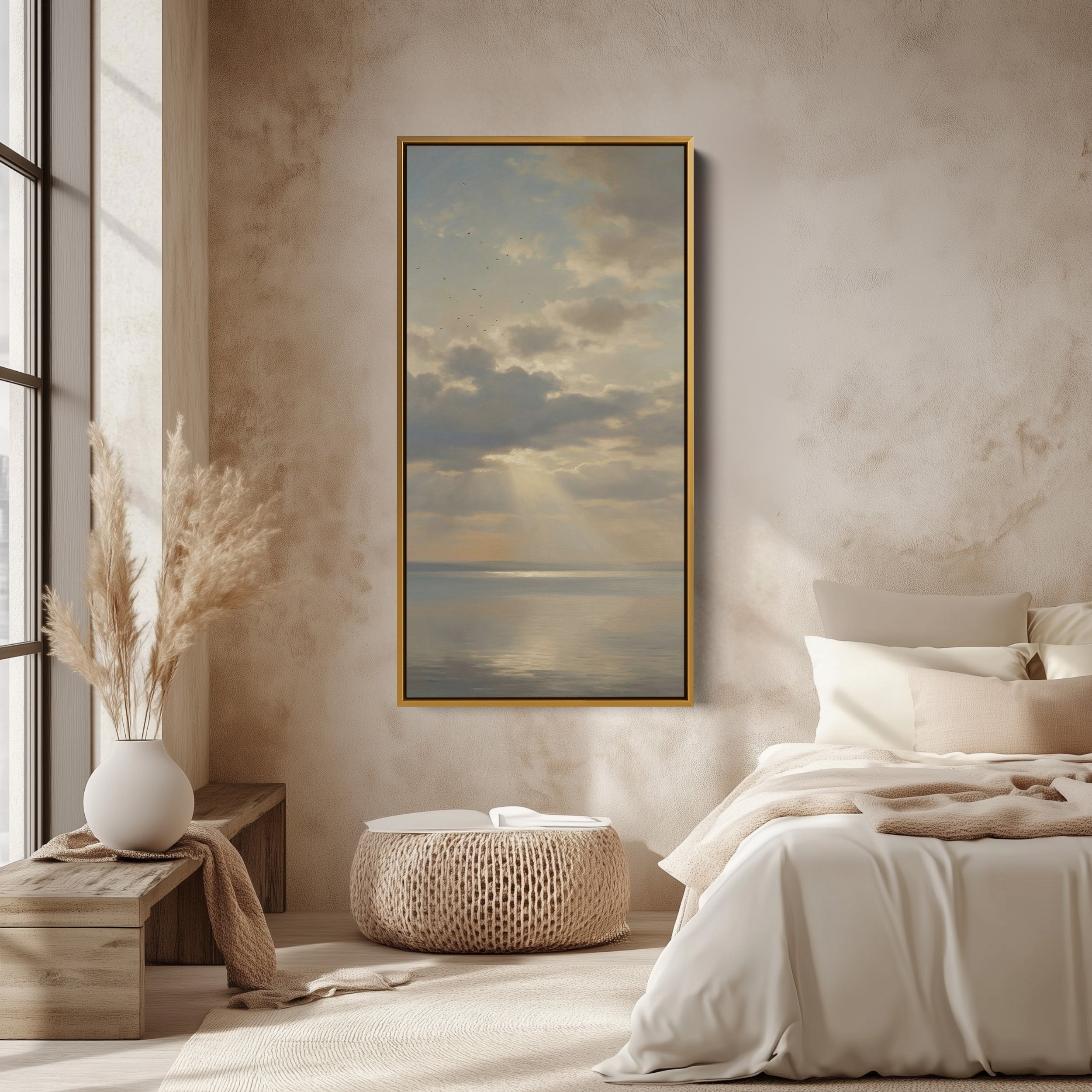 Tall Framed Canvas For Office Sun Rays Over Calm Sea Vertical Canvas