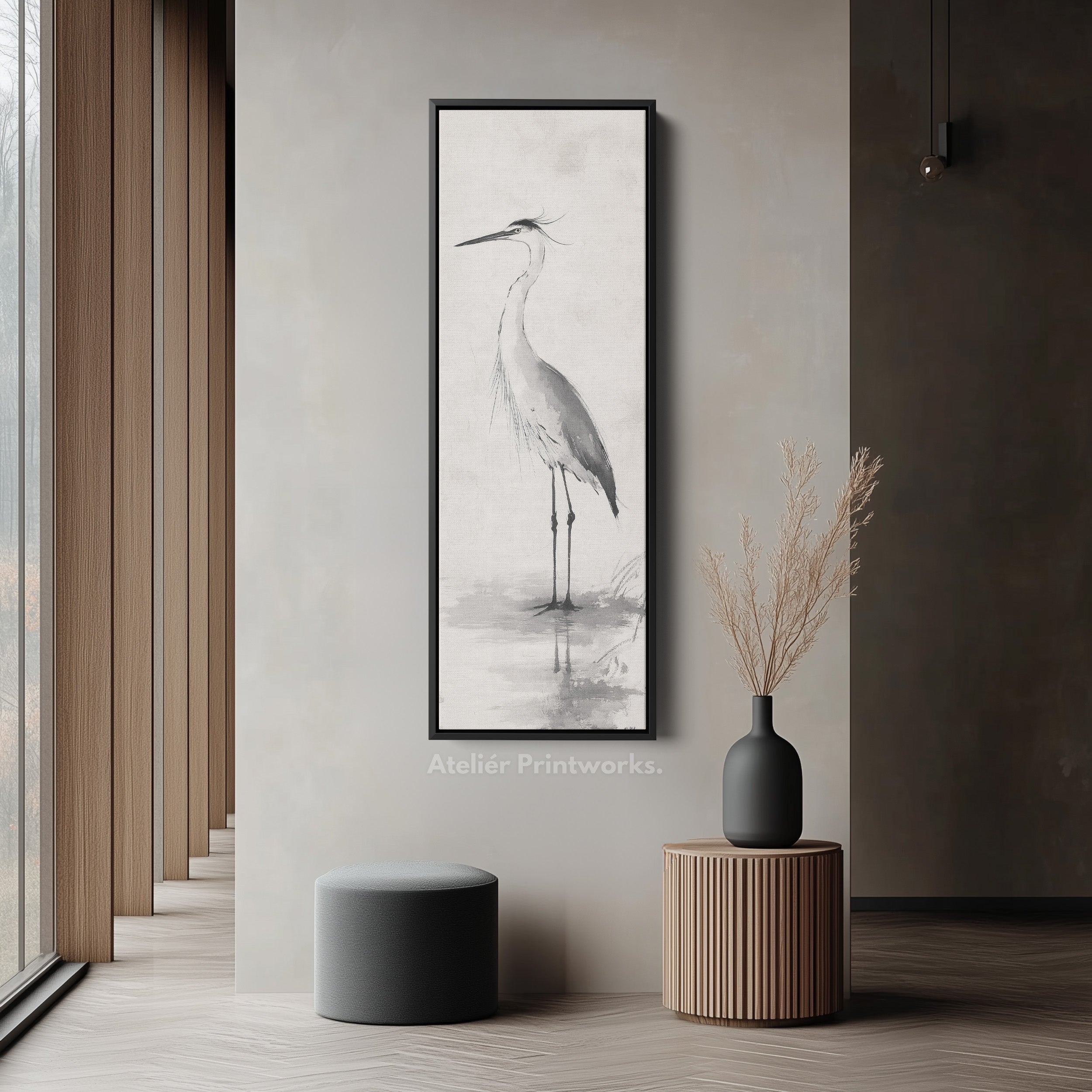 Neutral Heron Narrow Tall Wall Art Large Framed Picture