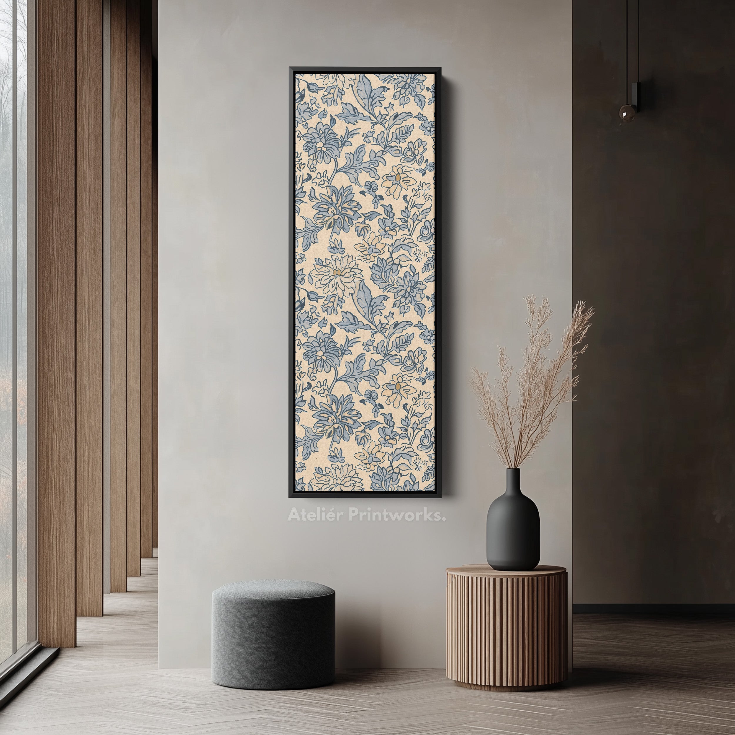 Vintage Beige & Blue Floral Vertical Long Wall Decor