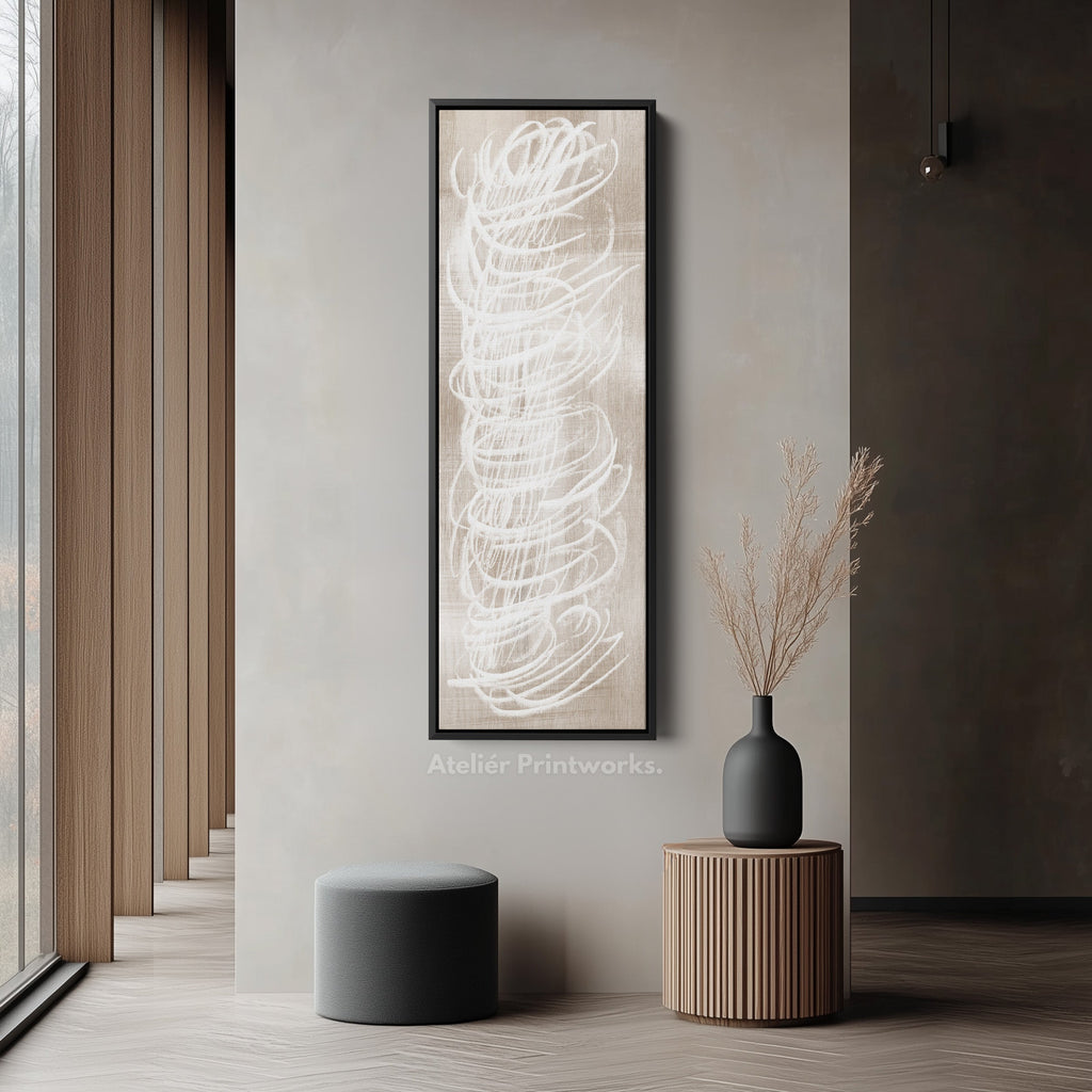 Abstract White Minimalist Long Vertical Framed Canvas Wall Decor
