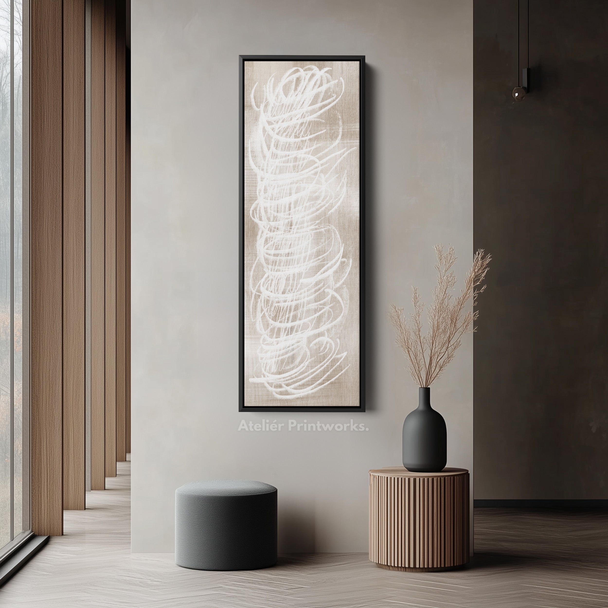 Abstract White Minimalist Long Vertical Framed Canvas Wall Decor