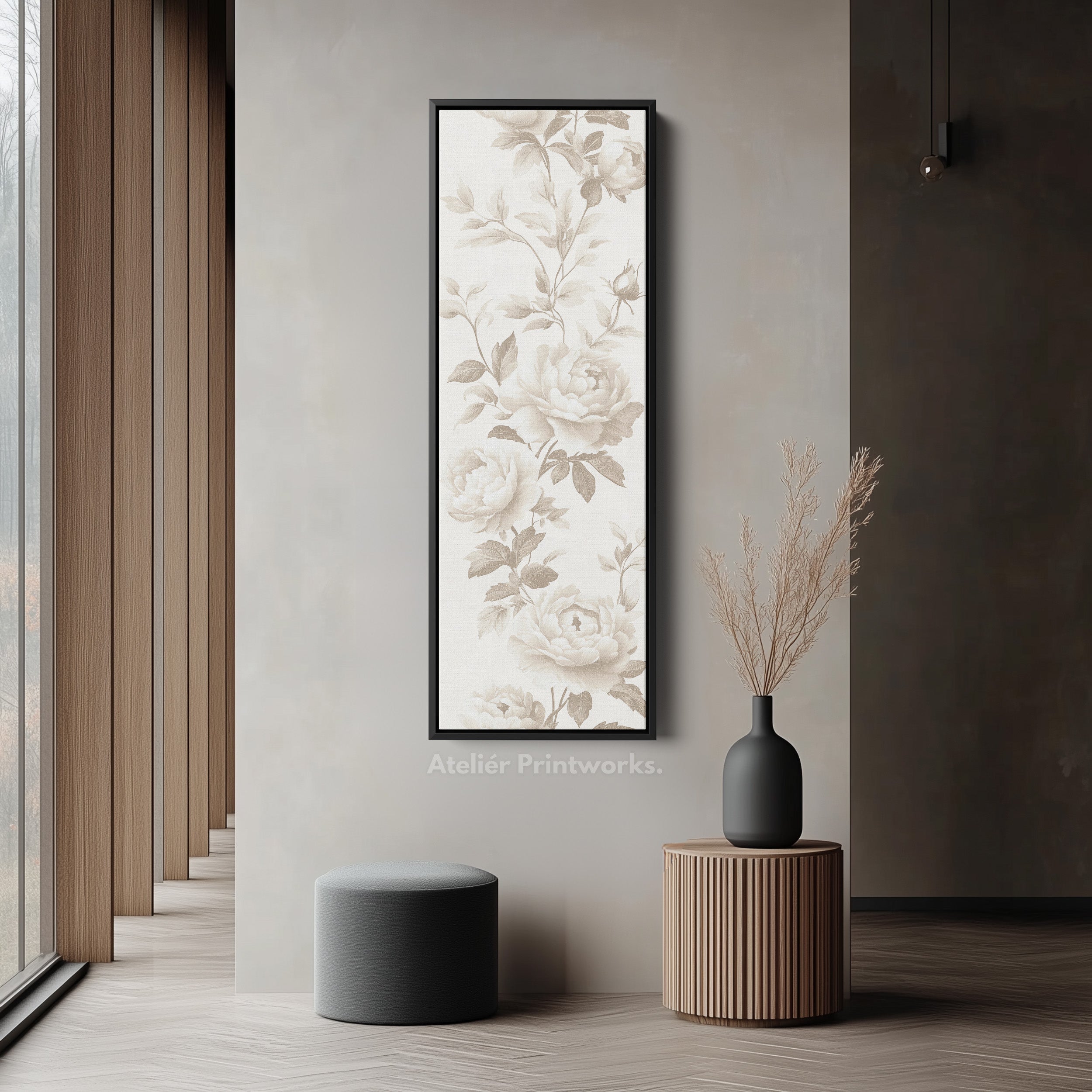 Vertical Beige Peonies Floral Long Framed Canvas Decor