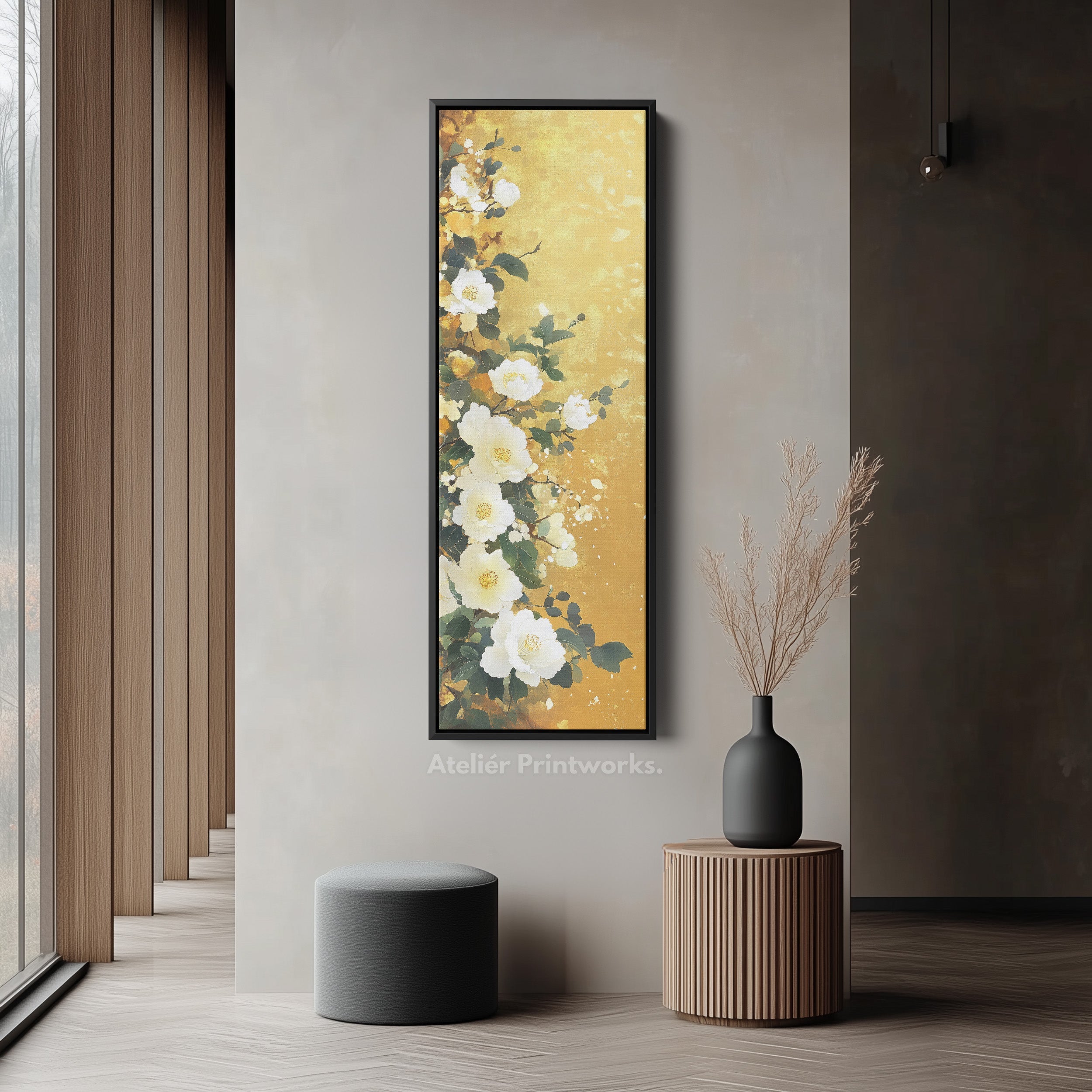 Vertical White & Gold Floral Long Framed Canvas Decor