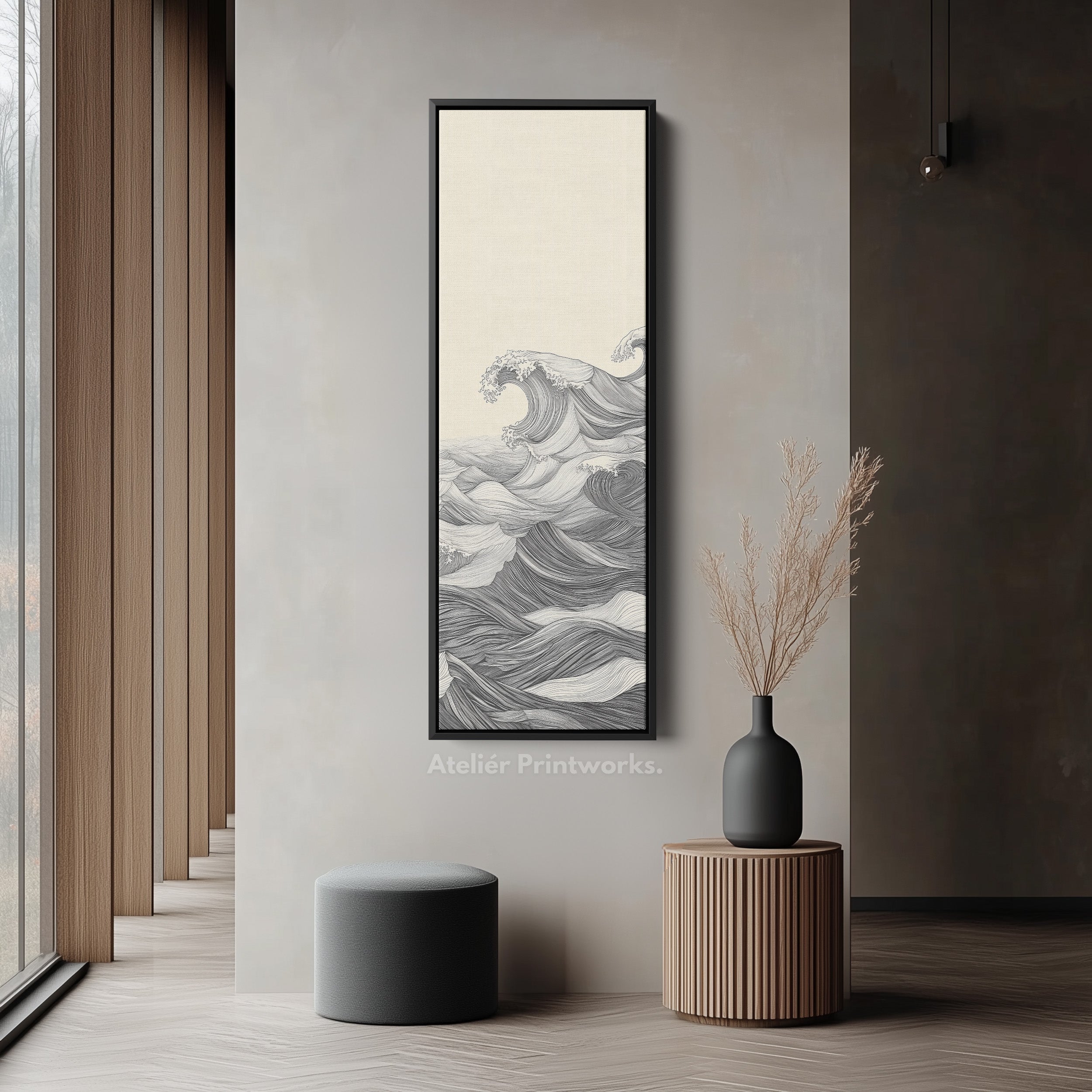 Vertical Abstract Ocean Wave Long Framed Canvas Decor