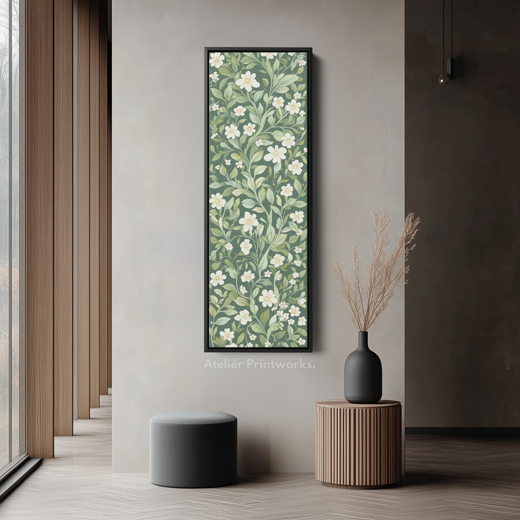 Framed Canvas Narrow Vertical White & Green Floral