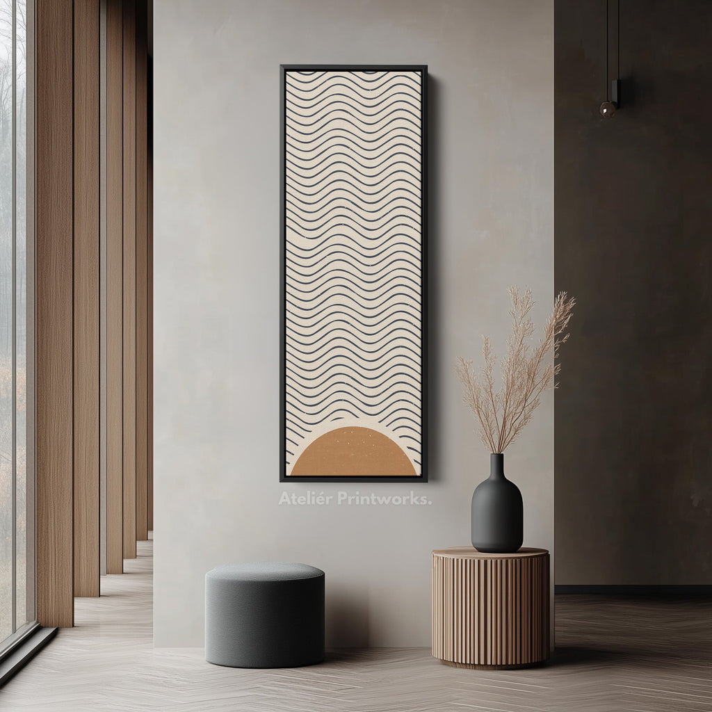 Minimalist Sunrise Waves Long Framed Canvas Wall Art for Hallway or Meditation Space