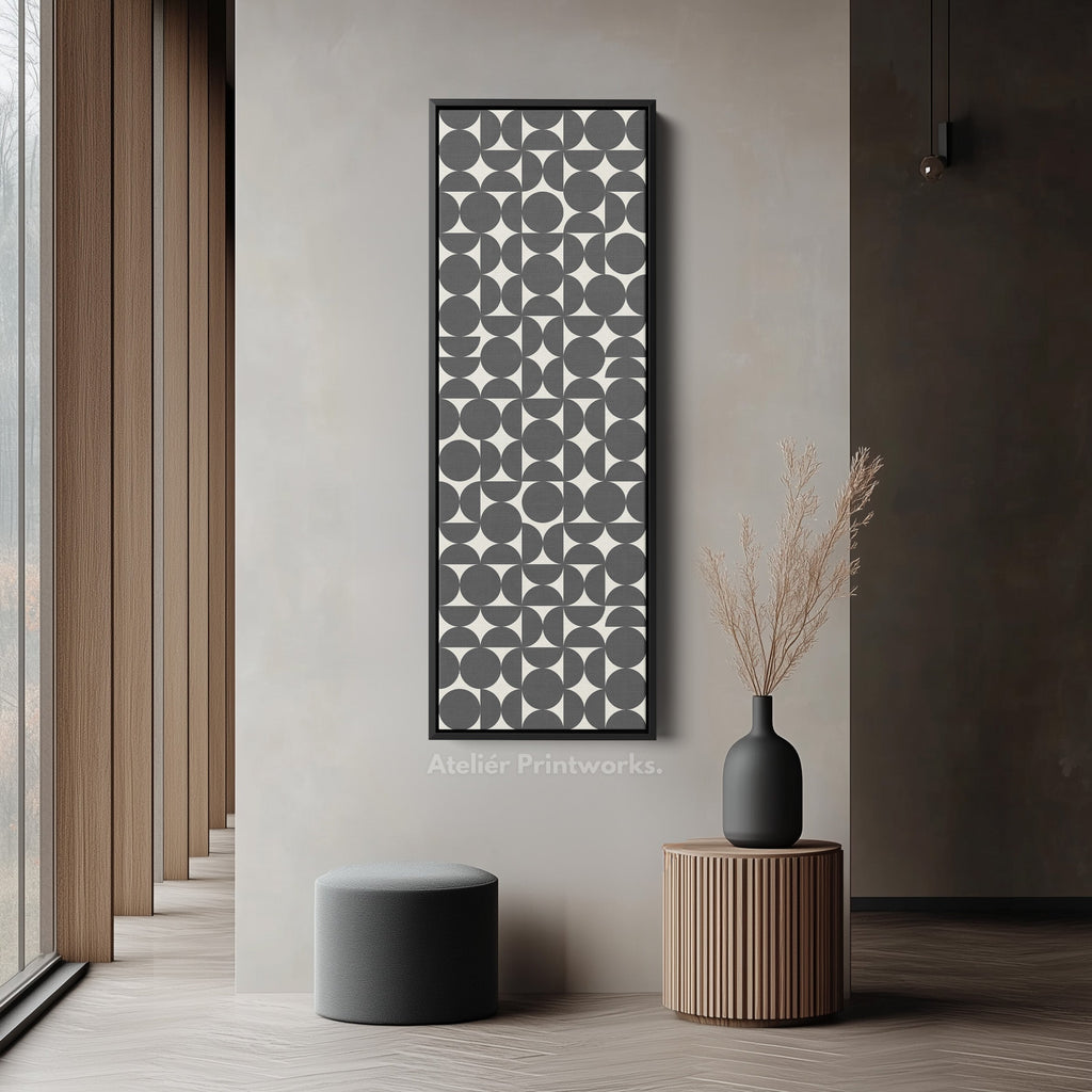 Retro Circle Grid Long Vertical Framed Canvas for Modern Living Room or Hallway