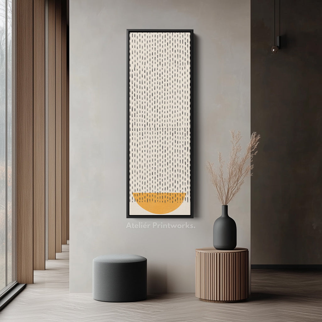 Minimalist Orange Half Circle Vertical Framed Canvas Wall Art for Hallway or Bedroom