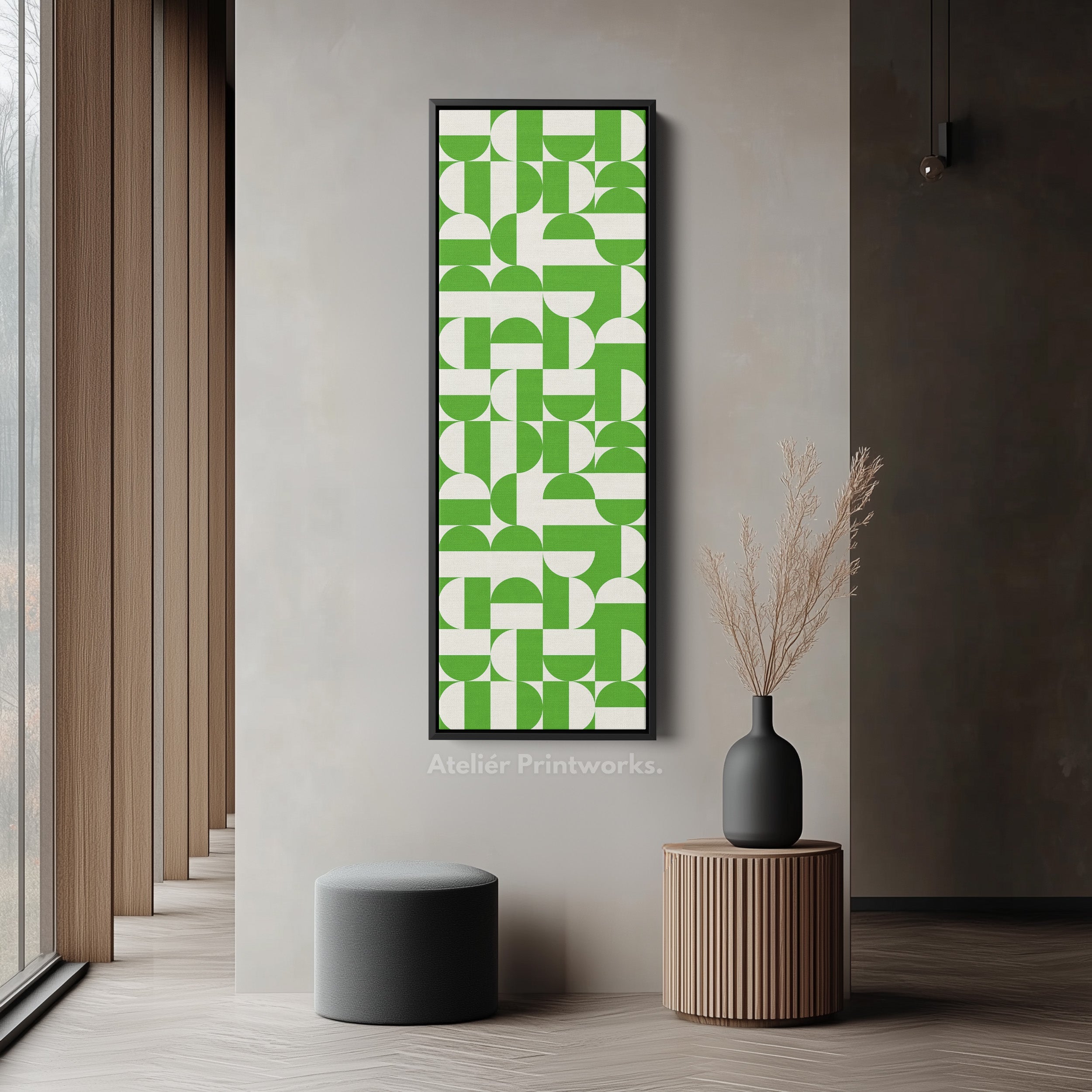 Geometric Green Circles Vertical Framed Canvas Wall Art for Hallway or Office
