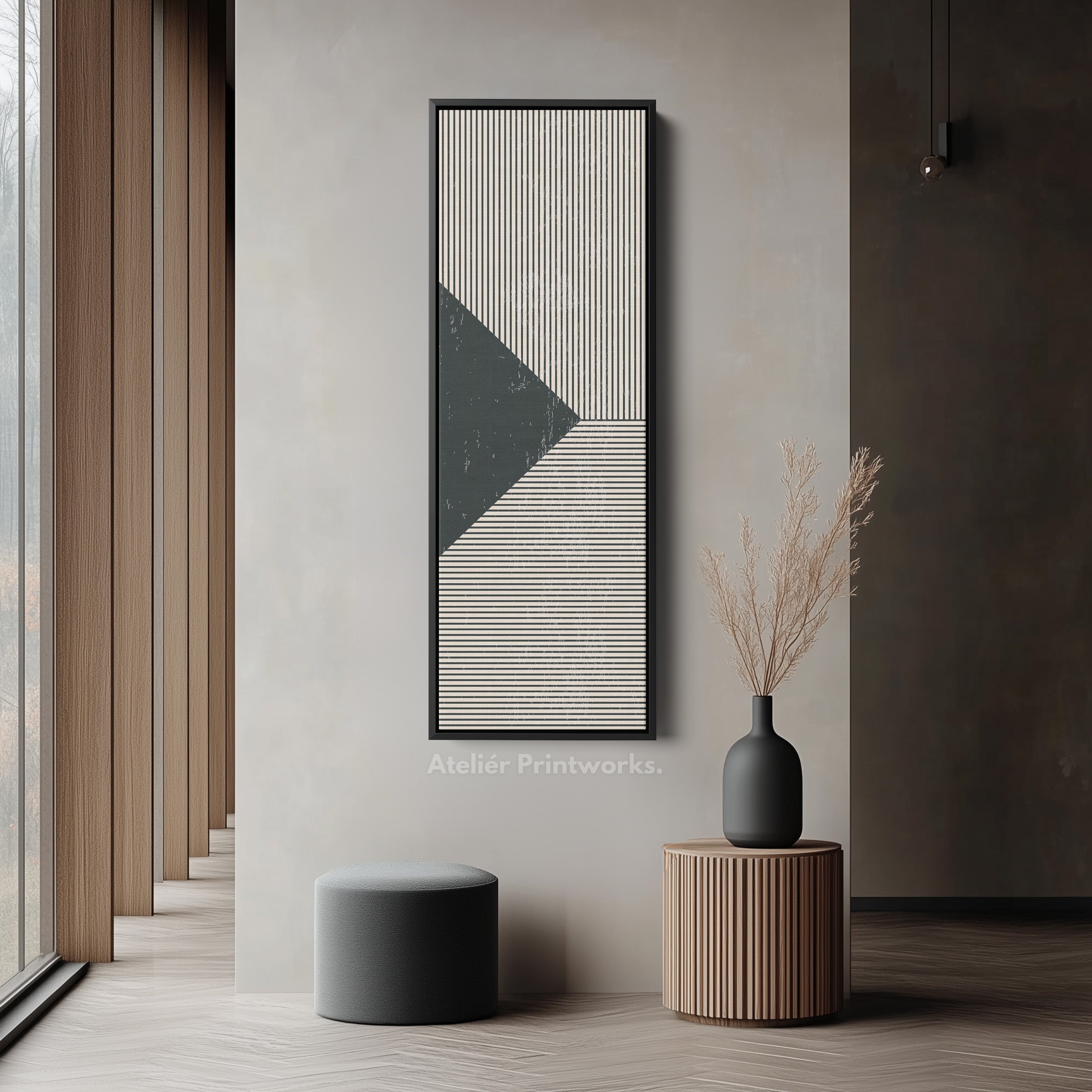 Minimalist Black and Beige Stripes Vertical Framed Canvas Wall Art for Hallway or Office