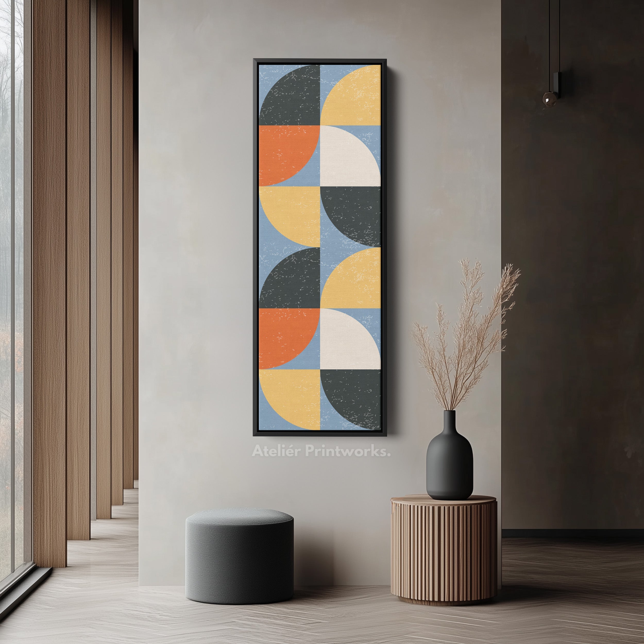 Geometric Half Circle Pattern Vertical Framed Canvas Wall Art for Bedroom or Hallway