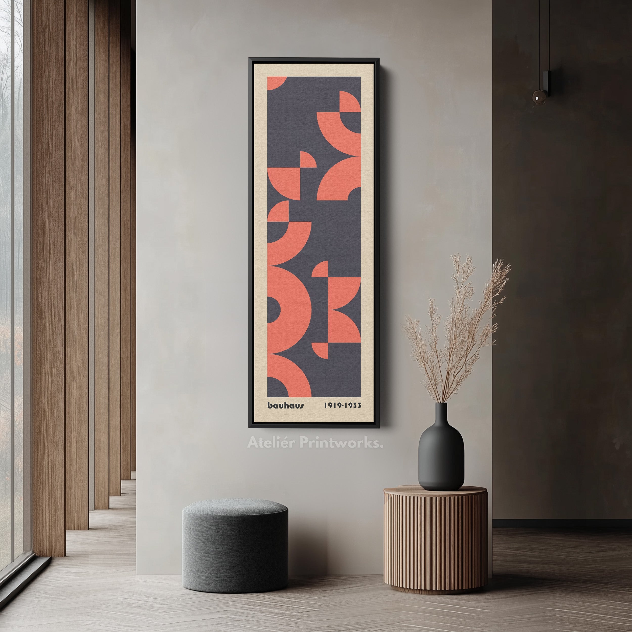 Blue and Orange Bauhaus Arches Vertical Framed Canvas Wall Art for Bedroom or Studio