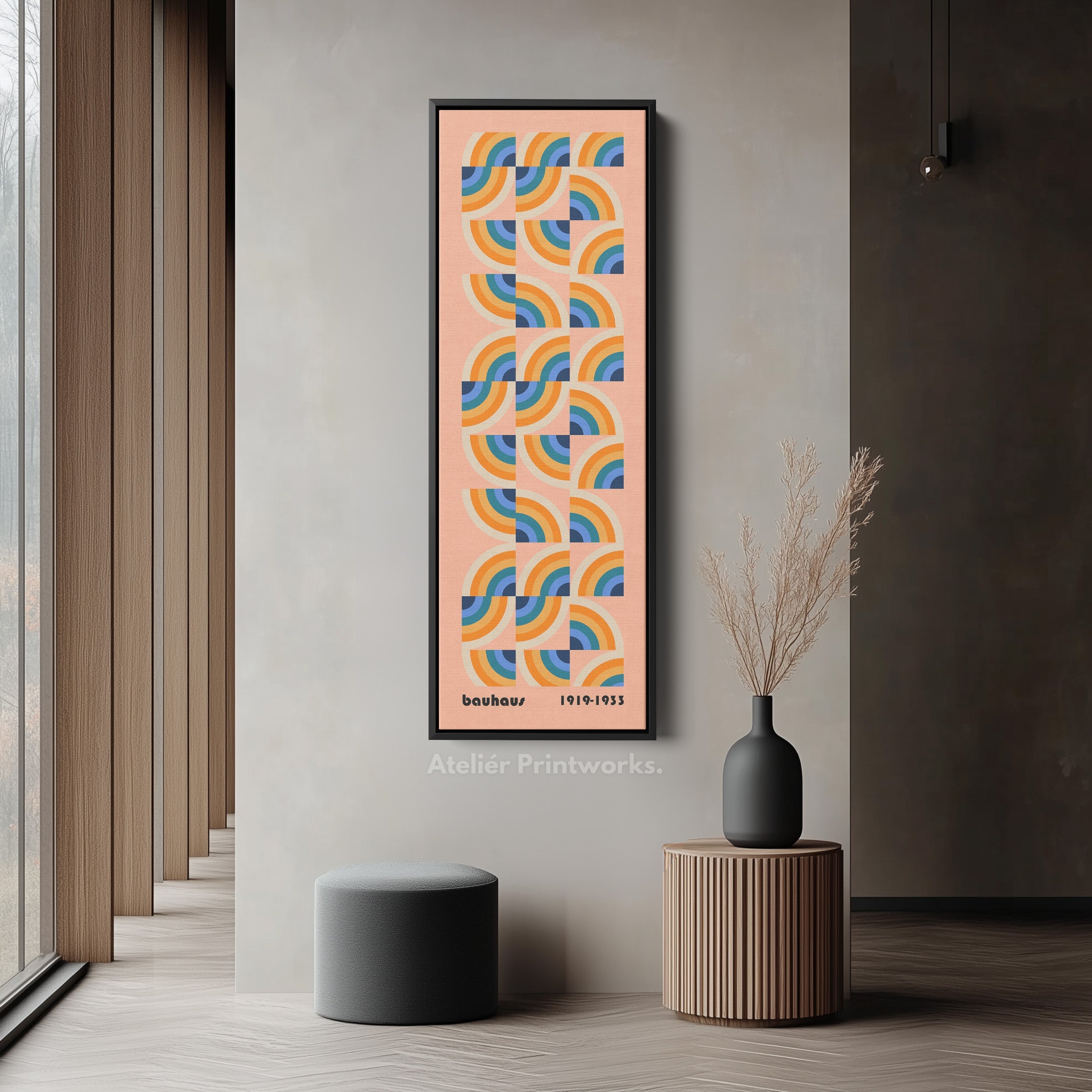 Vibrant Bauhaus Rainbow Arches Vertical Framed Canvas Wall Art for Living Room or Office