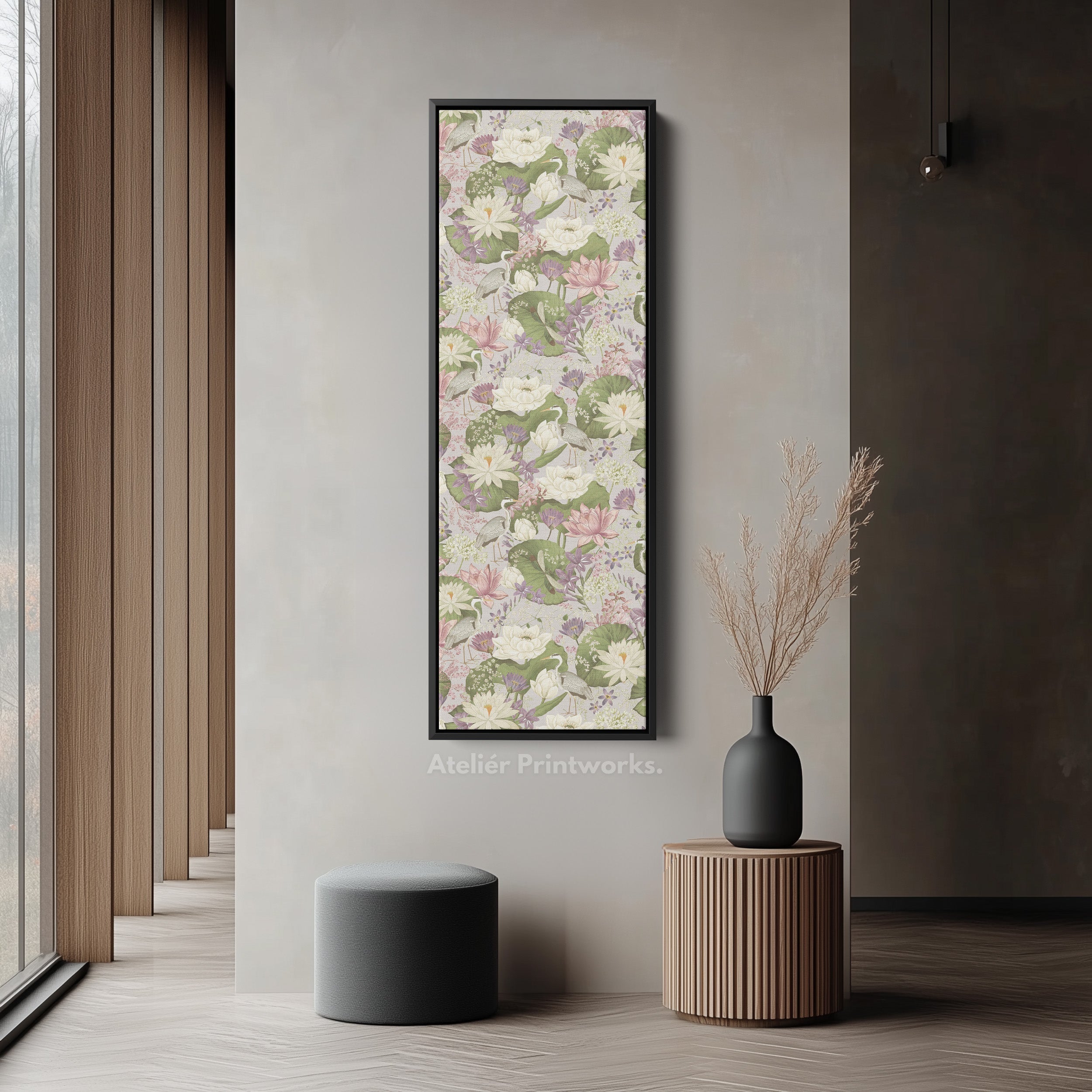 Vertical Framed Canvas Botanical Lotus Narrow Wall Art For Bedroom