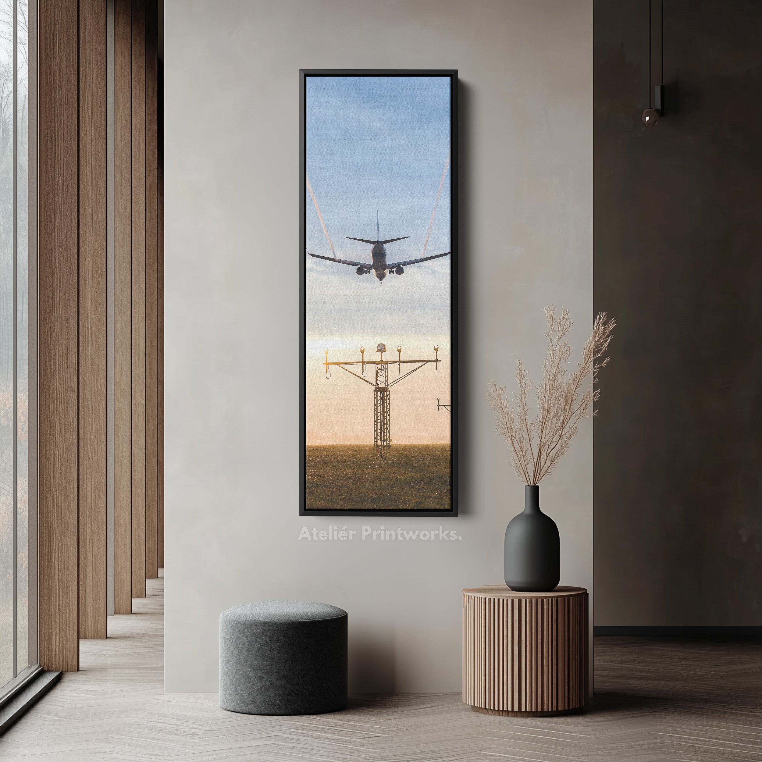 Long Vertical Canvas Airplane Landing Narrow Wall Art For Office