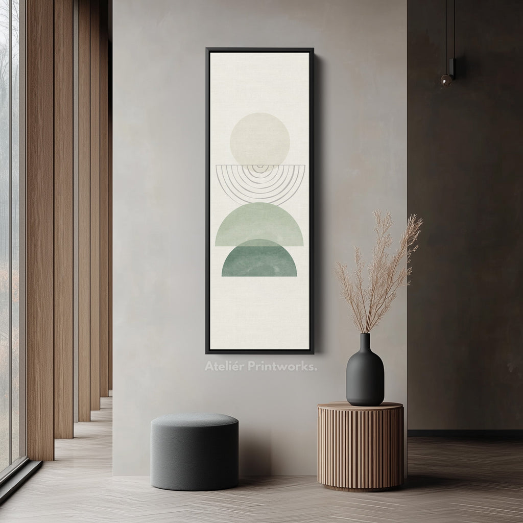 Vertical Framed Canvas Abstract Stacked Shapes In Green And Beige