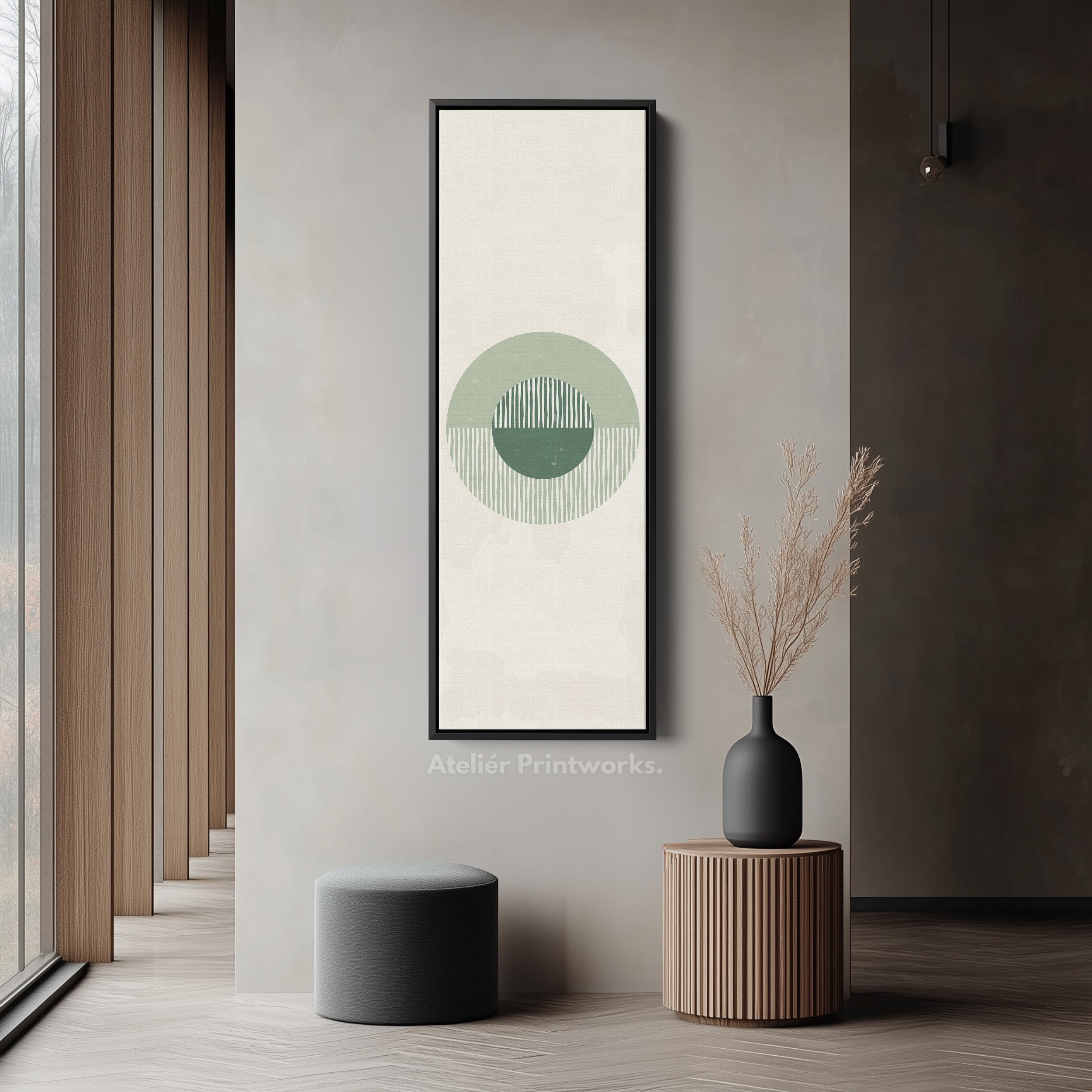 Vertical Framed Canvas Minimal Green Circle Statement