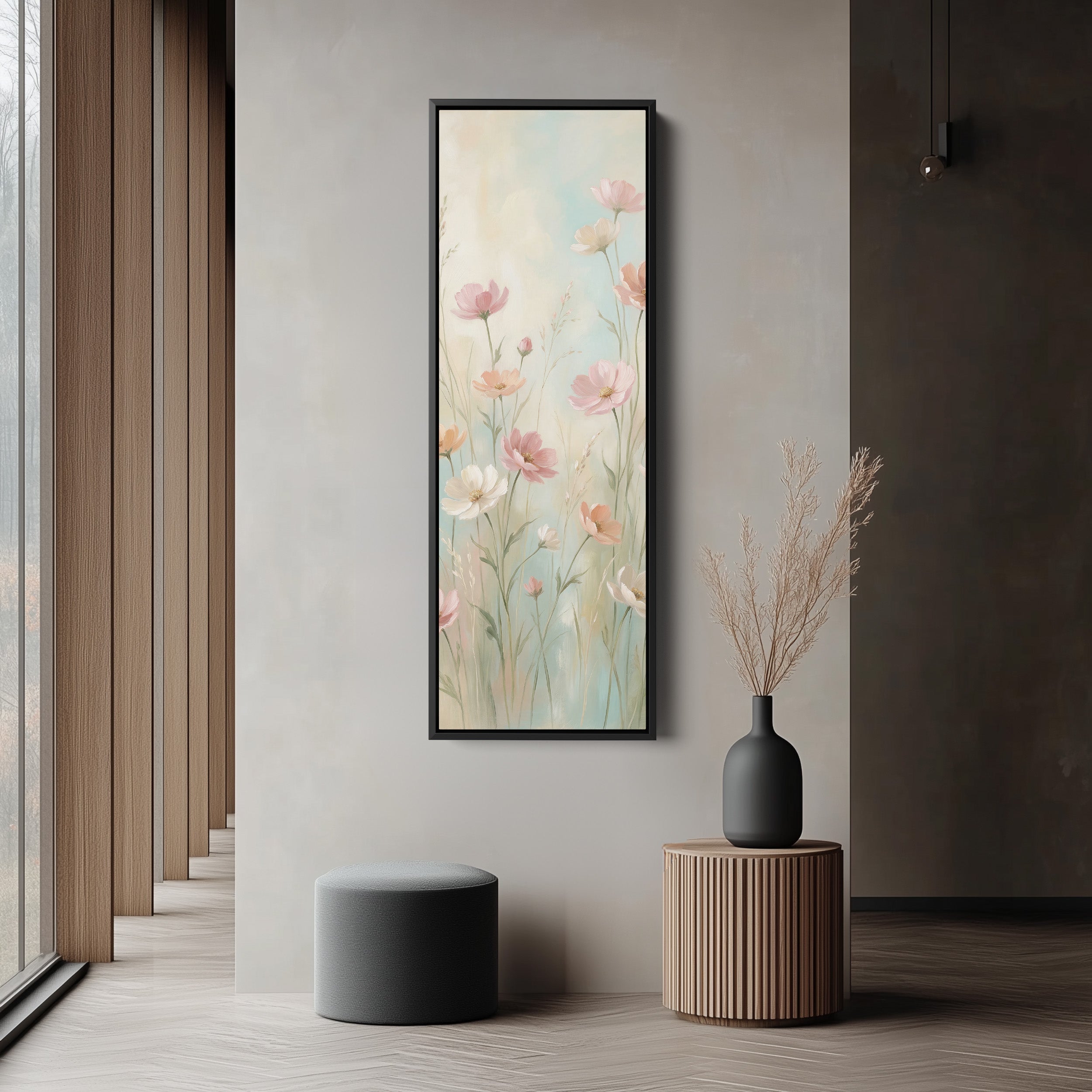 Long Wall Art Soft Pink Wildflowers Statement Wall Decor For Bedroom