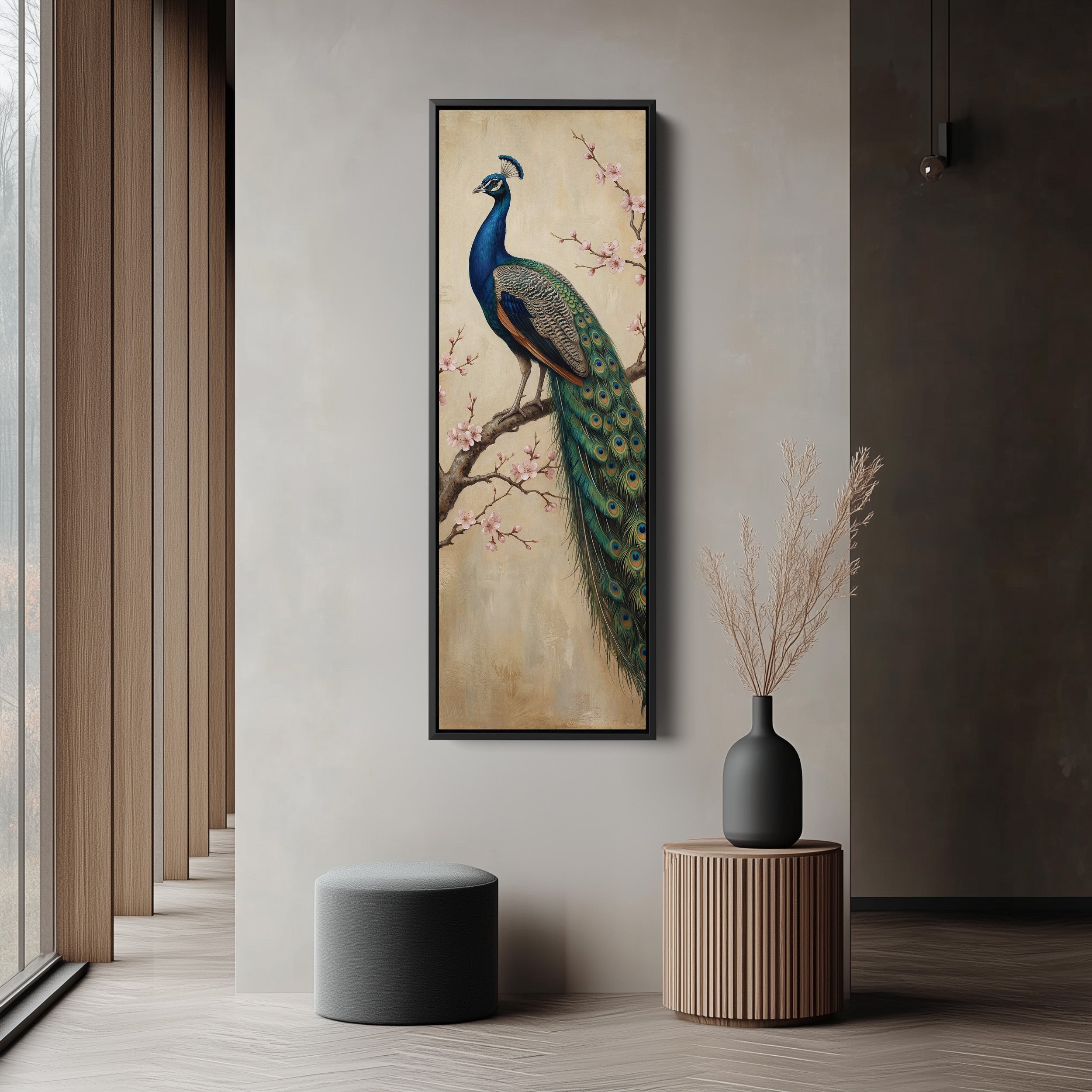 Peacock On Branch Large Wall Art Framed Canvas Print Office