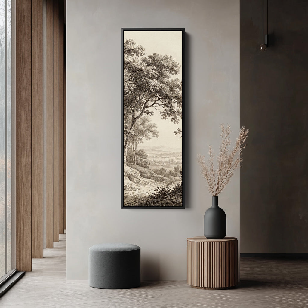 Vertical Wall Art Vintage Countryside Engraving Framed Canvas Living Room