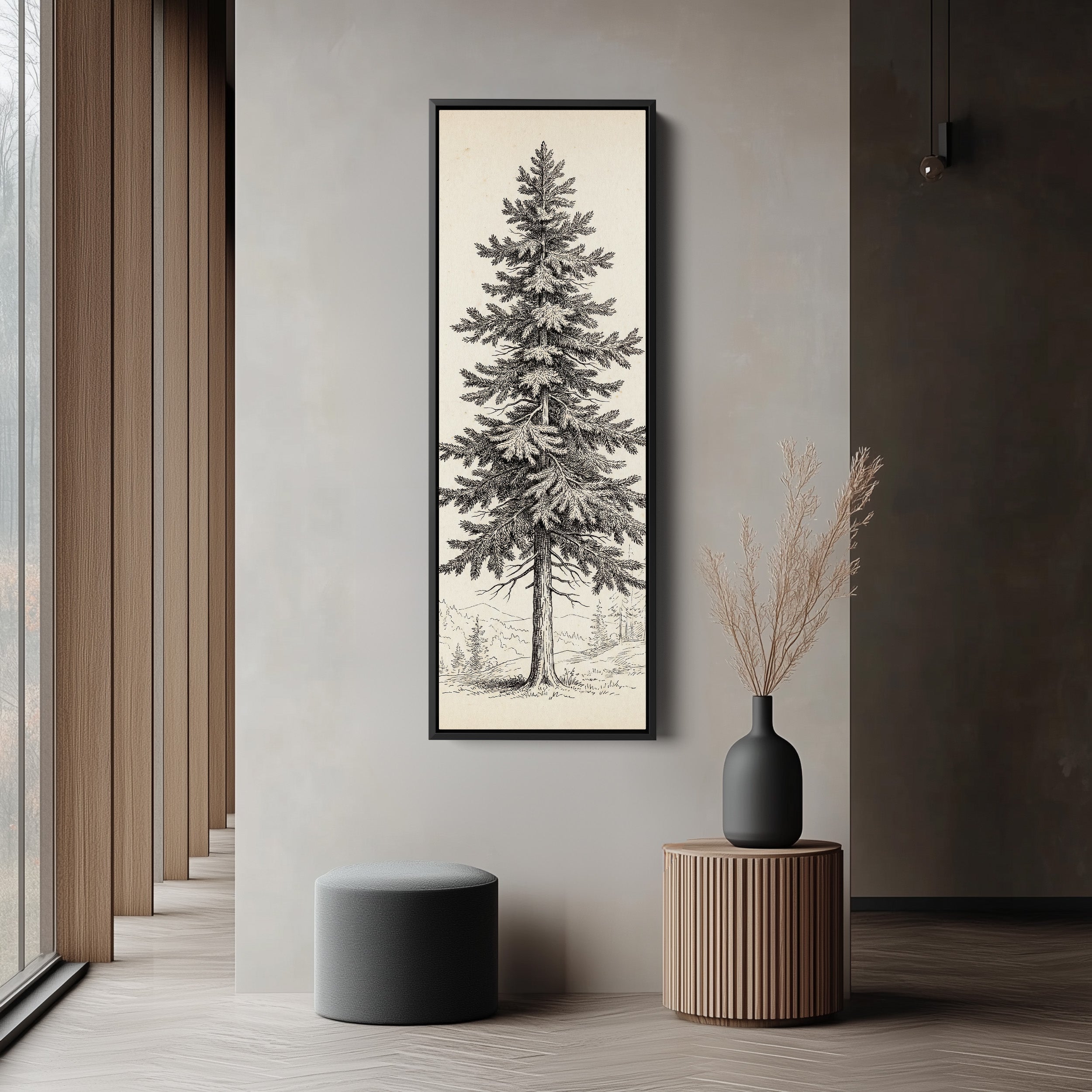 Vintage Pine Illustration Vertical Wall Art Wide Canvas Office