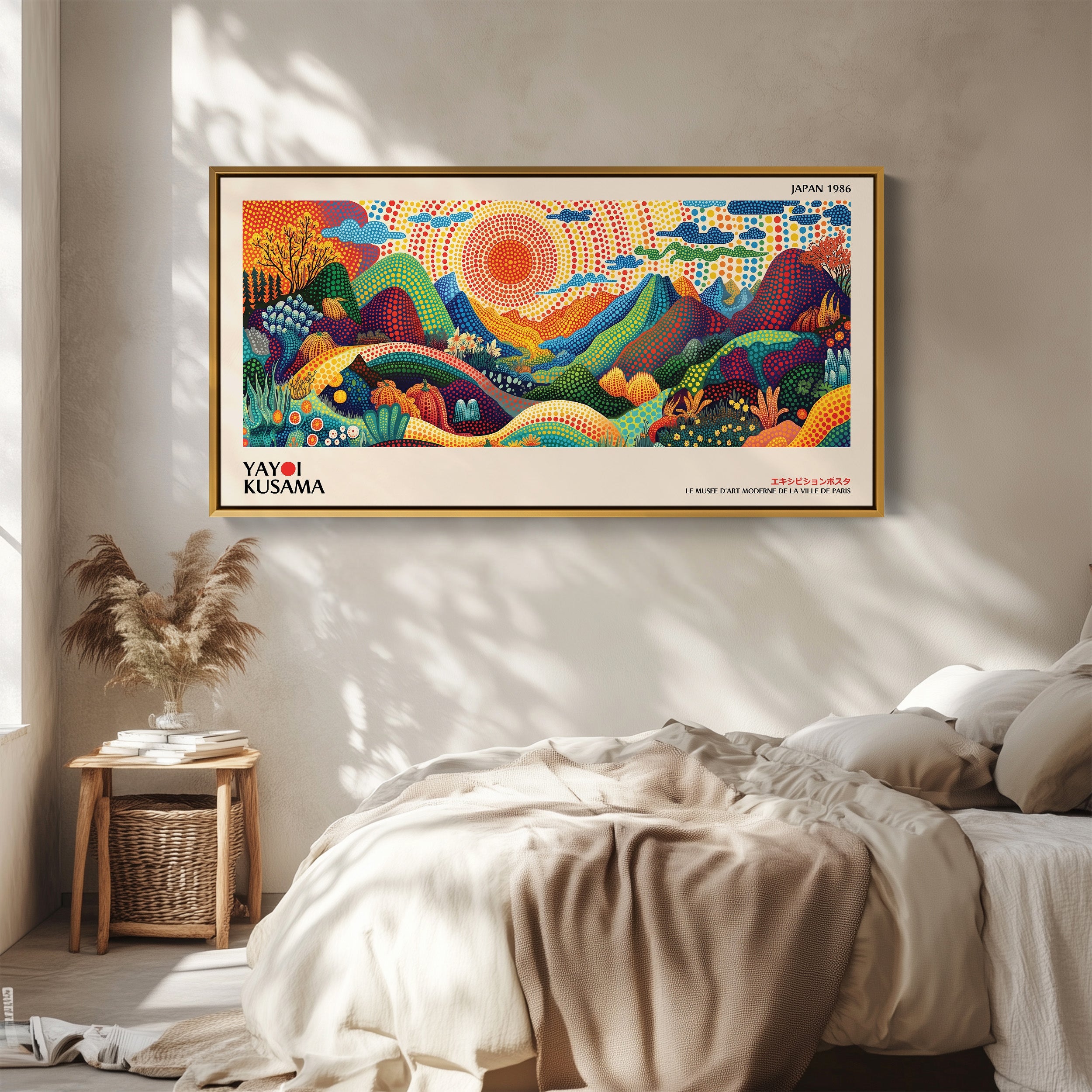 Yayoi Kusama Wide Canvas Dotted Mountain Landscape With Sun Panoramic Canvas Print For Living Room