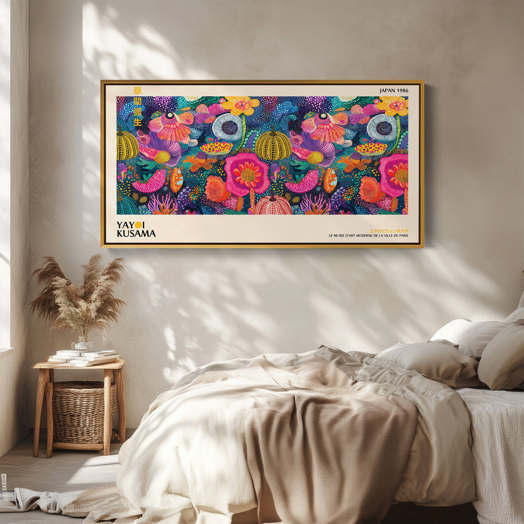 Yayoi Kusama Wide Framed Canvas Vibrant Dotted Floral Collage Extra Wide Canvas For Kitchen