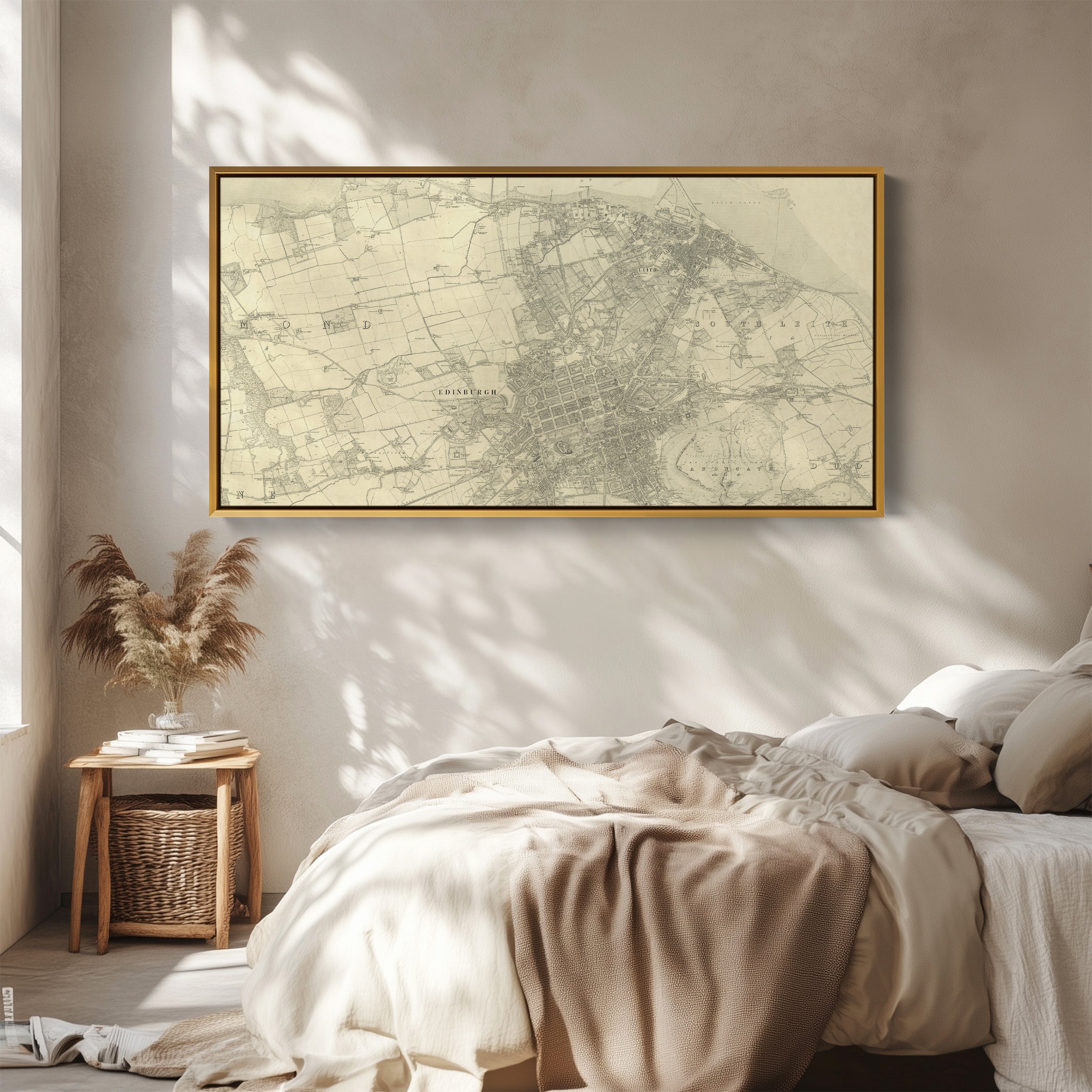 Wide Wall Art Vintage Edinburgh City Map Panoramic Canvas Print For Living Room