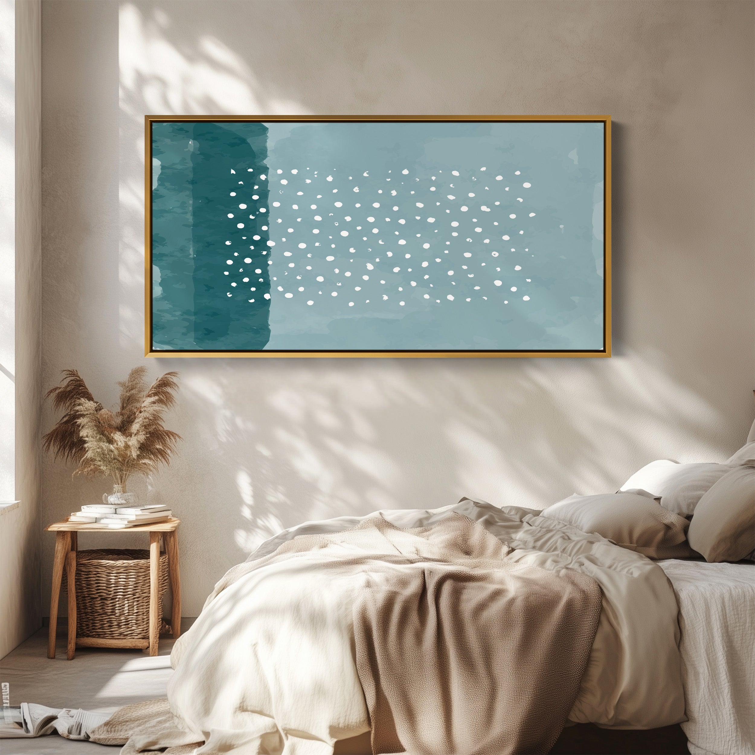 Wide Canvas Blue Field White Dots Panoramic Canvas Print For Bedroom