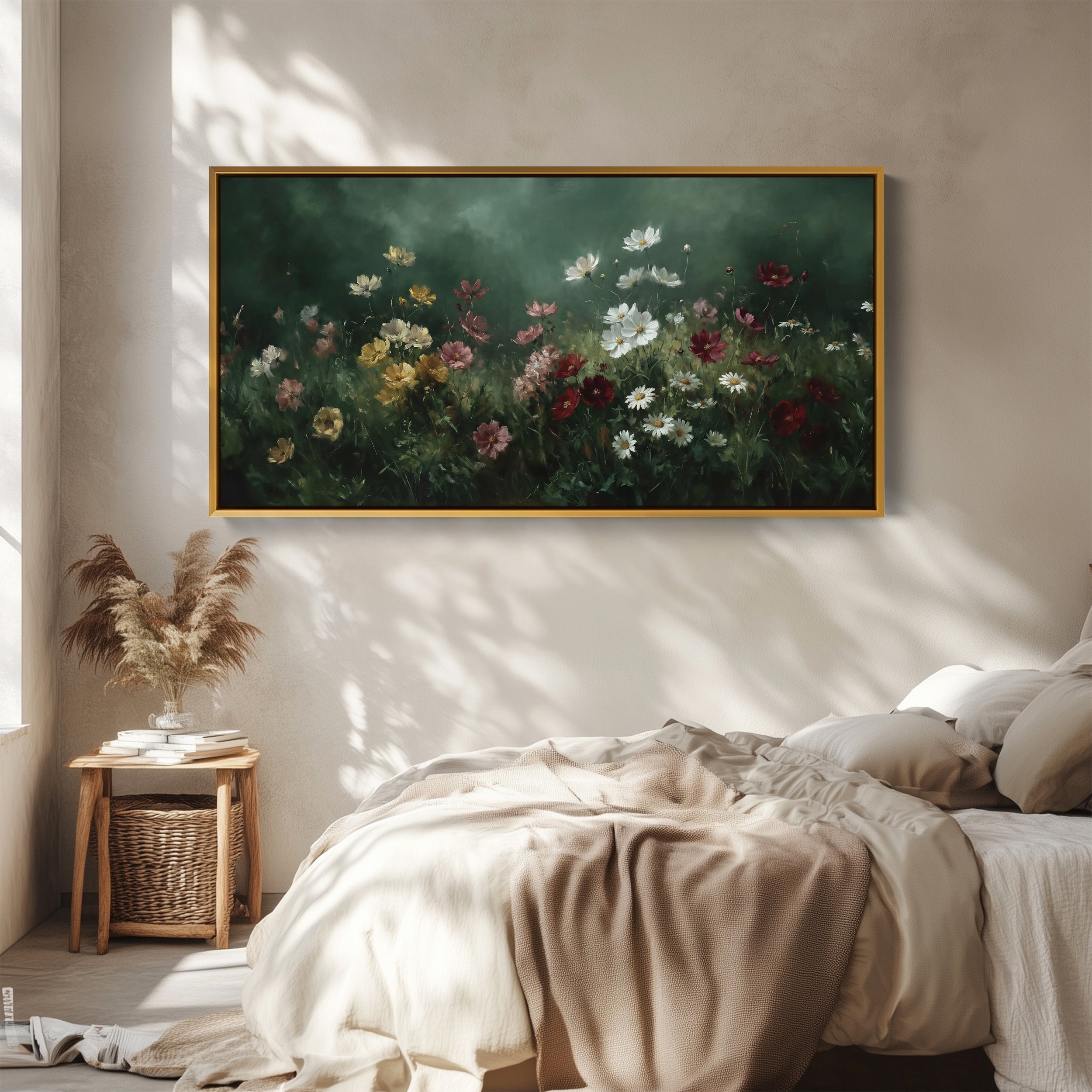 Panoramic Wall Art Mixed Garden Flowers Framed Canvas Print For Kitchen