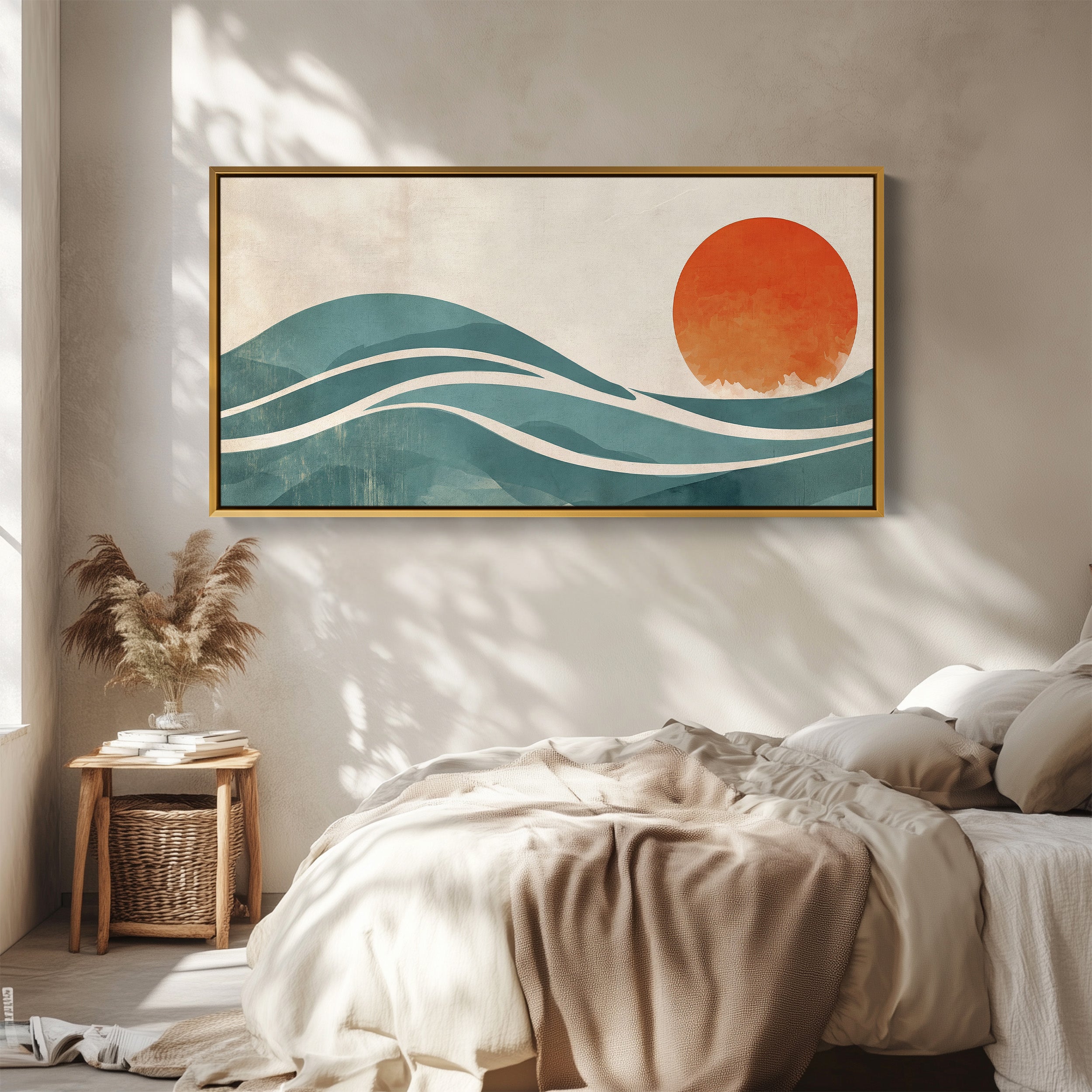 Panoramic Wall Art Minimalist Sun And Waves Framed Canvas Print For Hallway