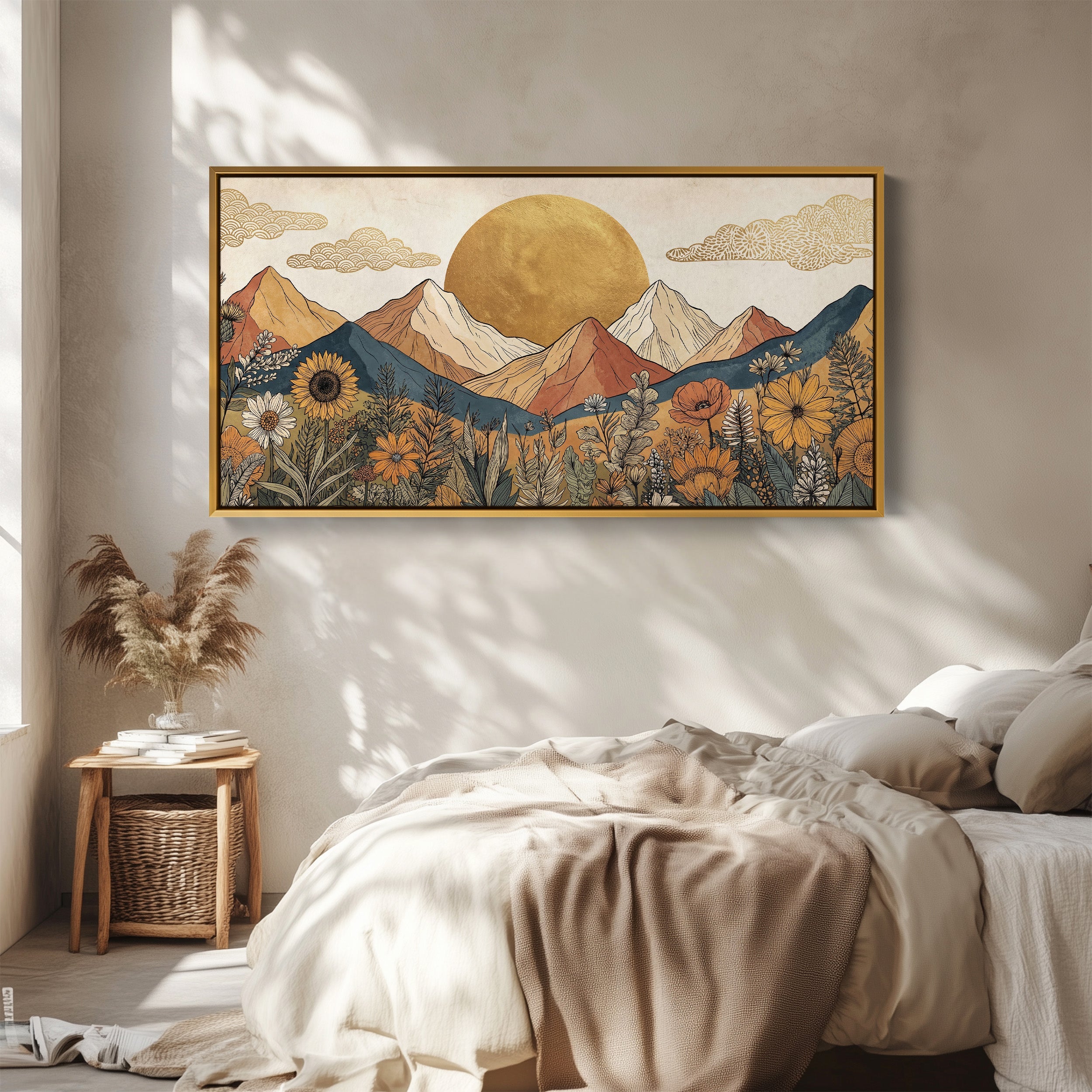 Stylised Mountain And Sun Large Wall Art Oversized Wall Decor For Living Room