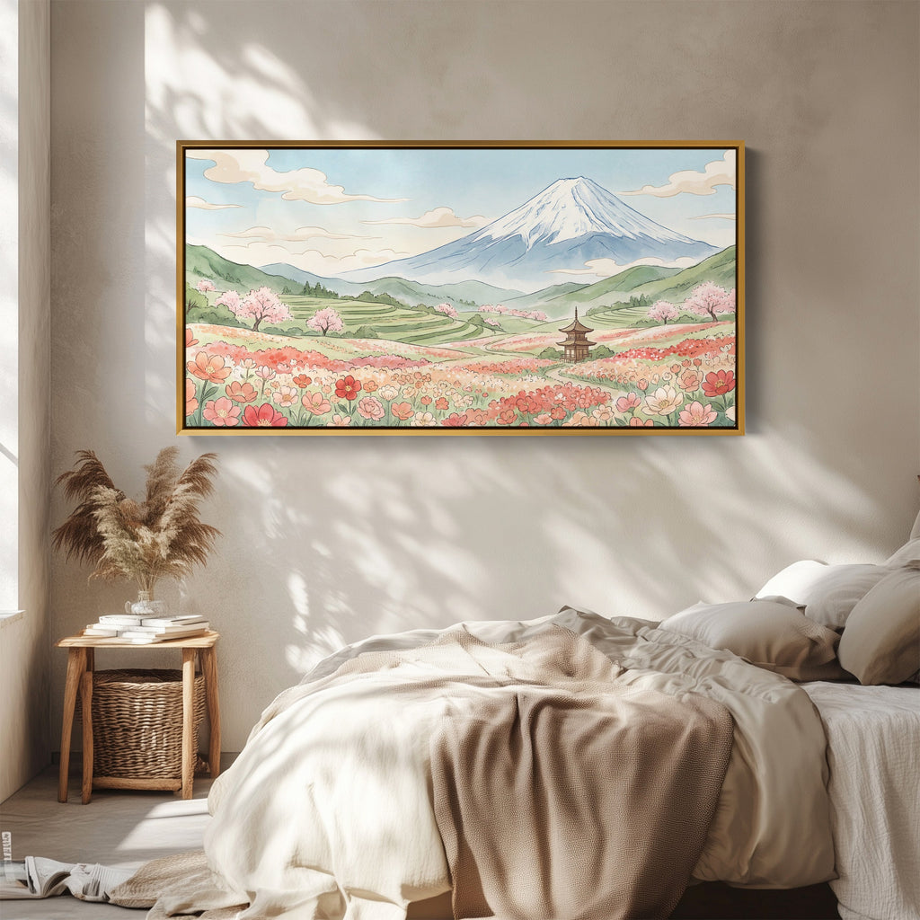 Mount Fuji Flower Field Long Wall Art Extra Wide Canvas For Living Room