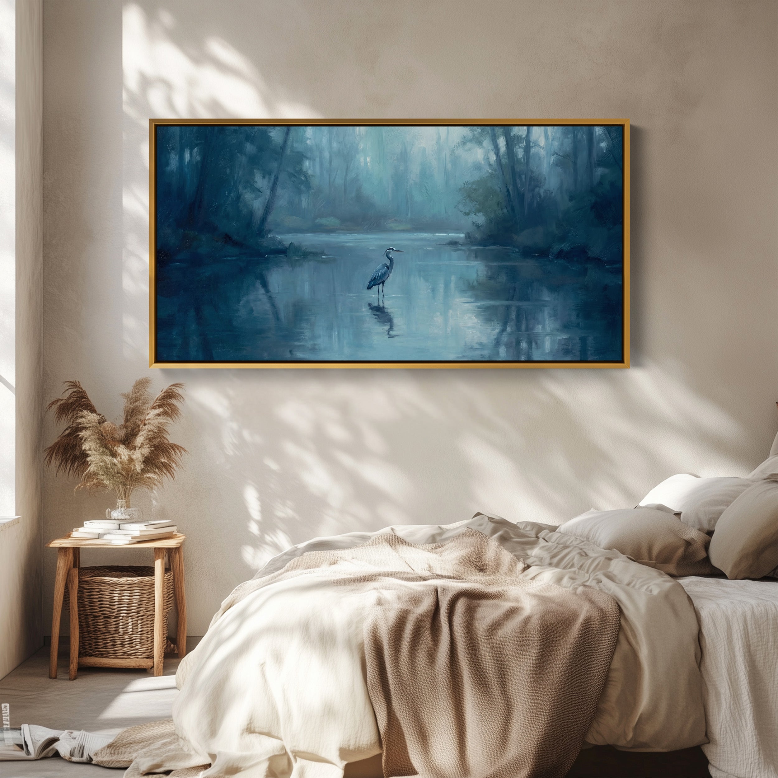 Misty Lake Heron Above Bed Wall Art Statement Wall Decor For Bedroom
