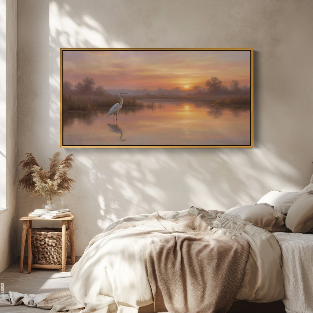 White Heron At Sunrise Horizontal Wall Art Oversized Wall Decor For Office