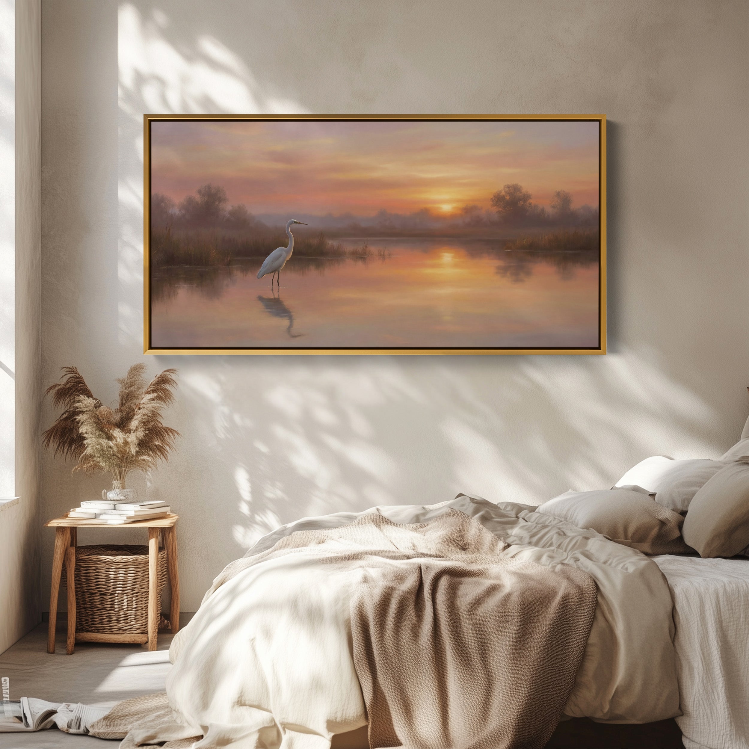 White Heron At Sunrise Horizontal Wall Art Oversized Wall Decor For Office
