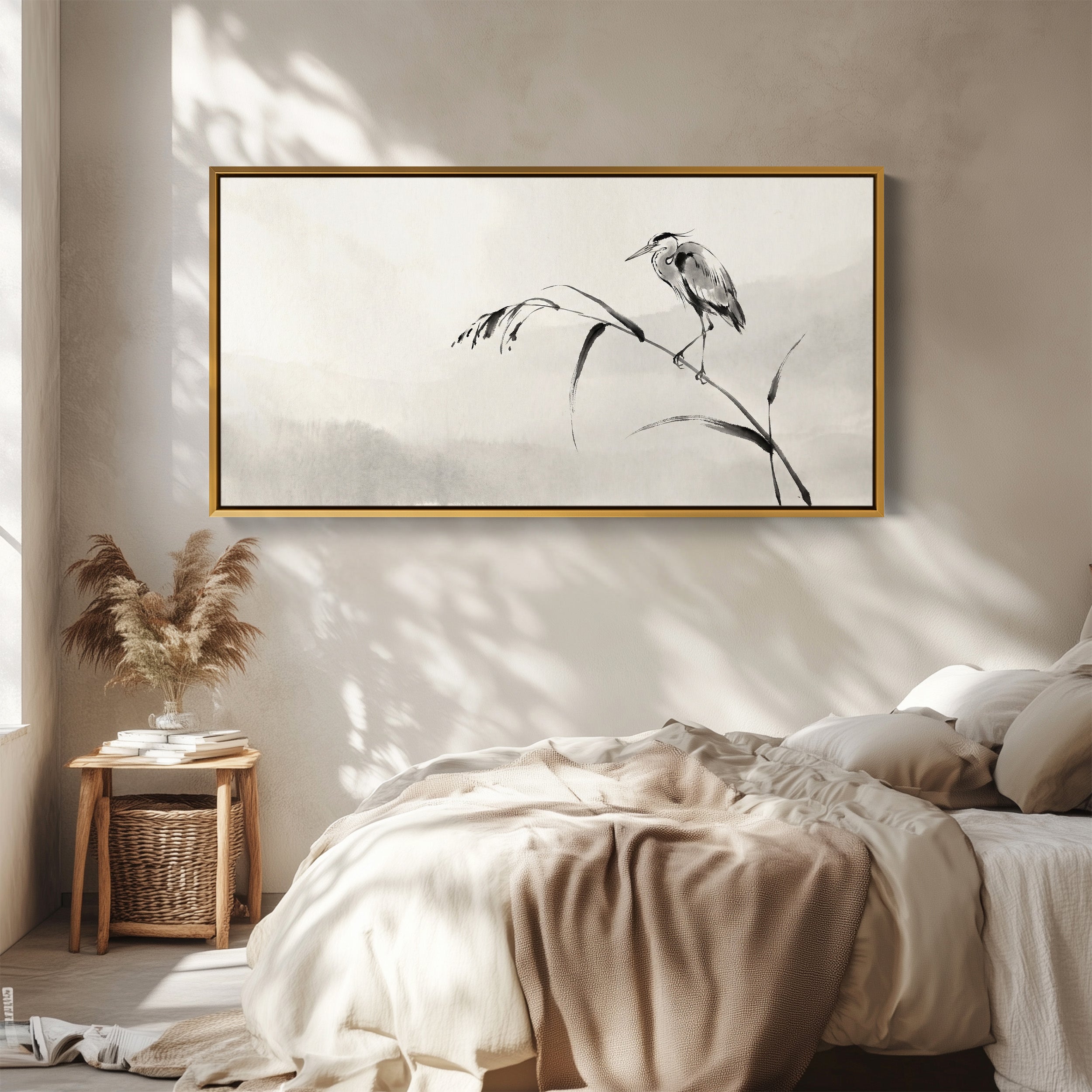 Ink Heron Horizontal Wall Art Framed Canvas Print For Bedroom