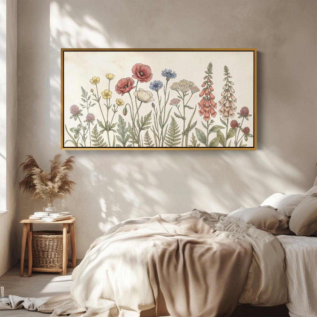 Panoramic Wall Art Vintage Meadow Flowers Illustration Extra Wide Canvas For Bedroom