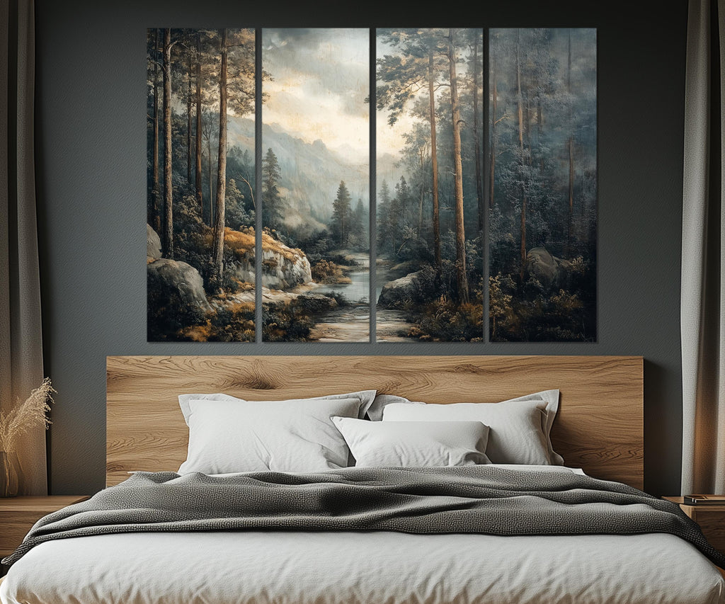 5 Piece Antique Forest River Landscape Multi-Panel Wall Art