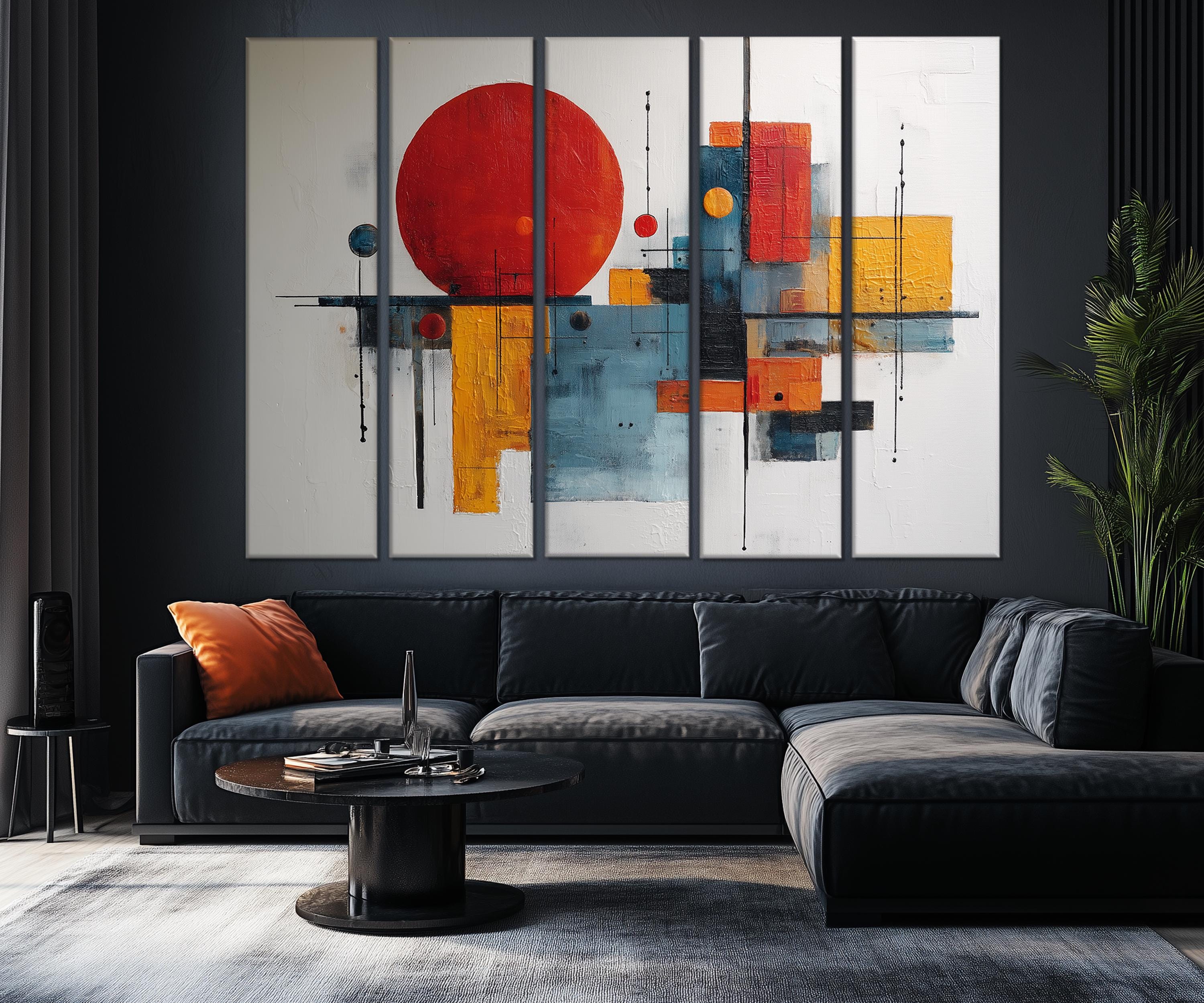 5 Piece  Mid Century Modern Bold Red Abstract Geometric Wall Art