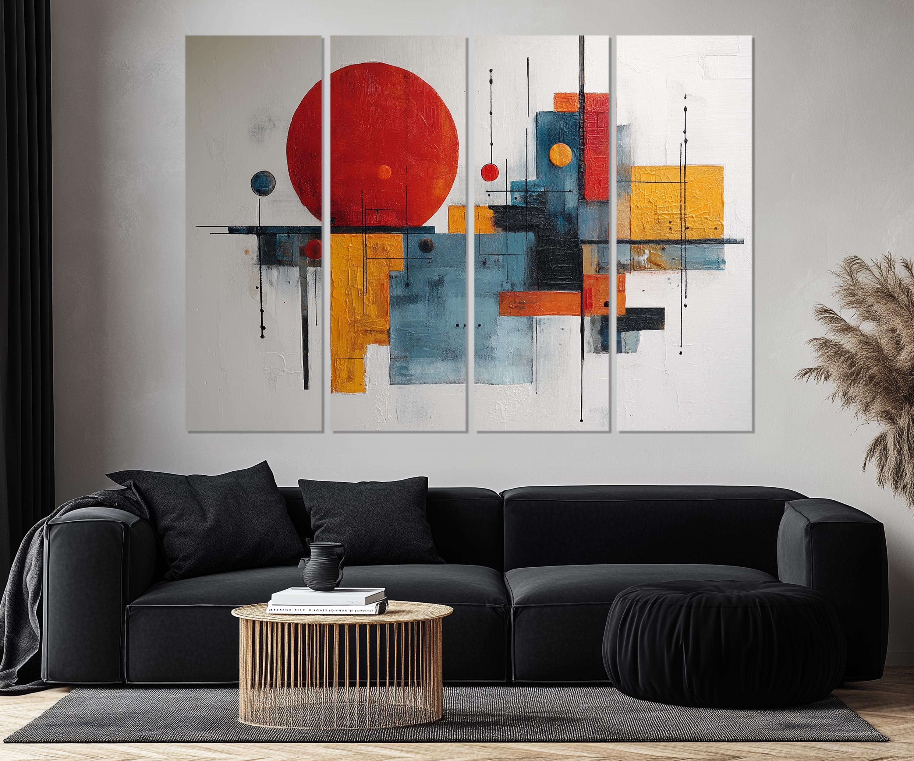 5 Piece  Mid Century Modern Bold Red Abstract Geometric Wall Art