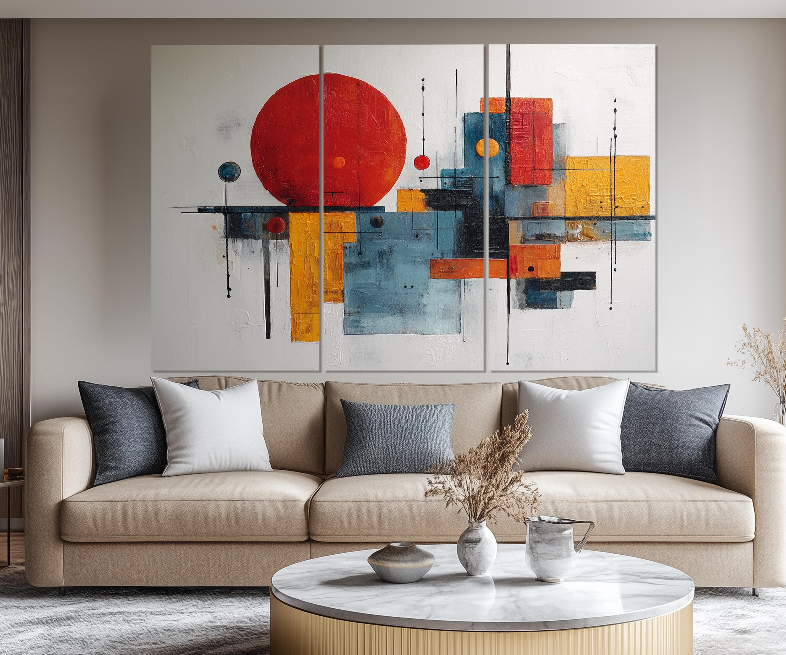 5 Piece  Mid Century Modern Bold Red Abstract Geometric Wall Art