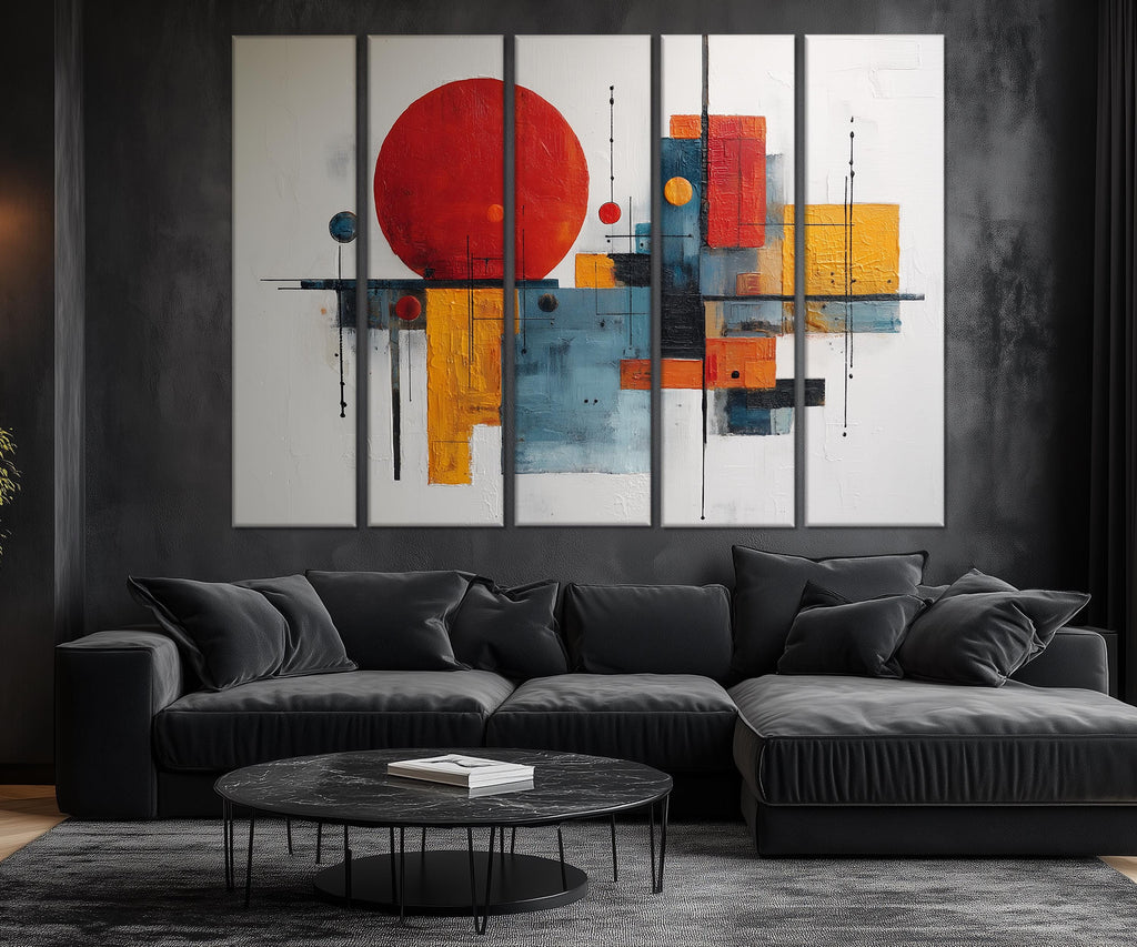 5 Piece  Mid Century Modern Bold Red Abstract Geometric Wall Art