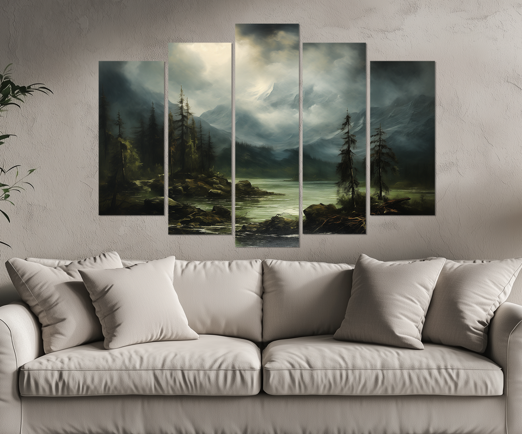 5 Piece Moody Antique Mountain River Emerald Green Landscape Multi-Panel Wall Art
